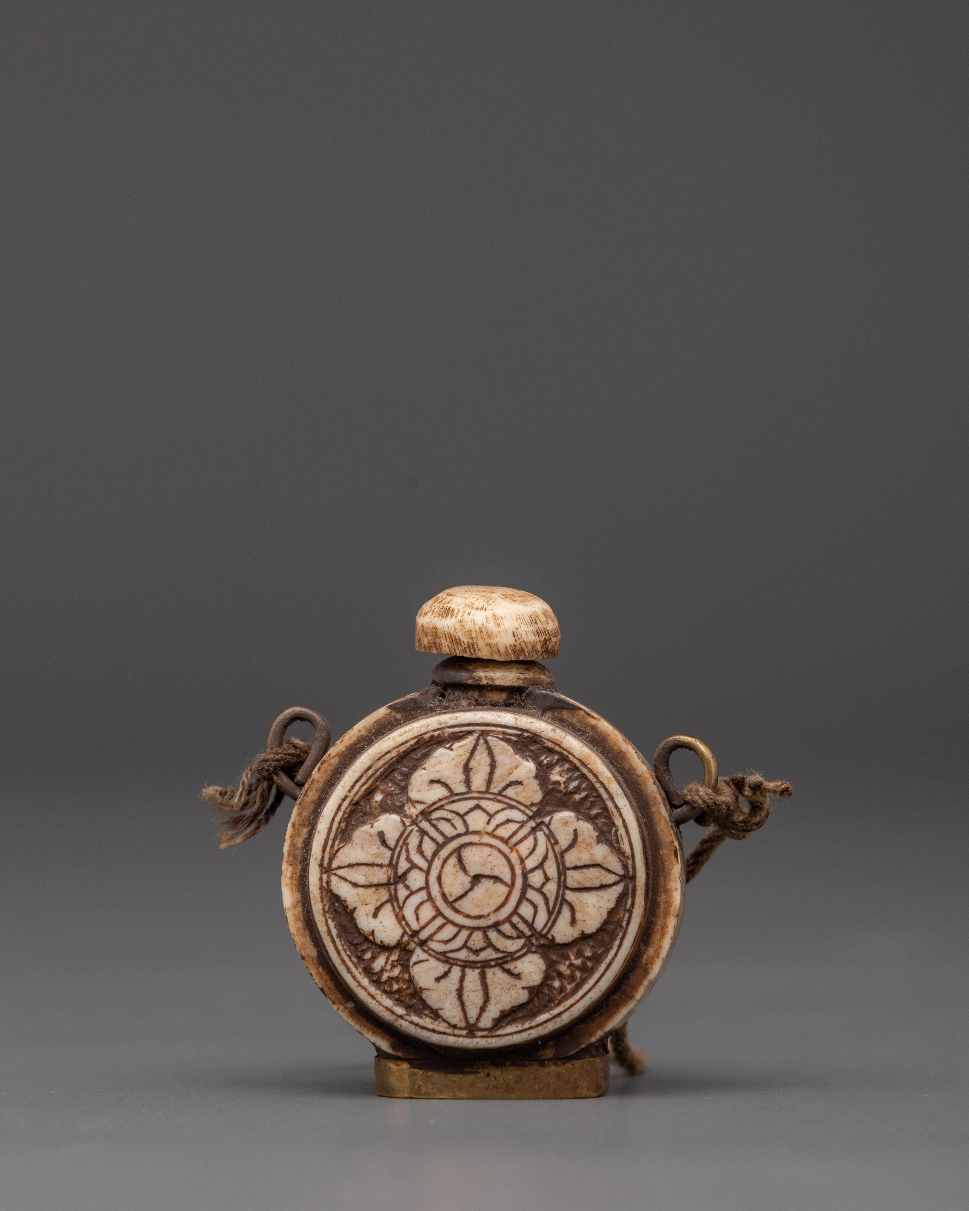 Tibetan Ritual Snuff Bottle in Carved Buffalo Bone