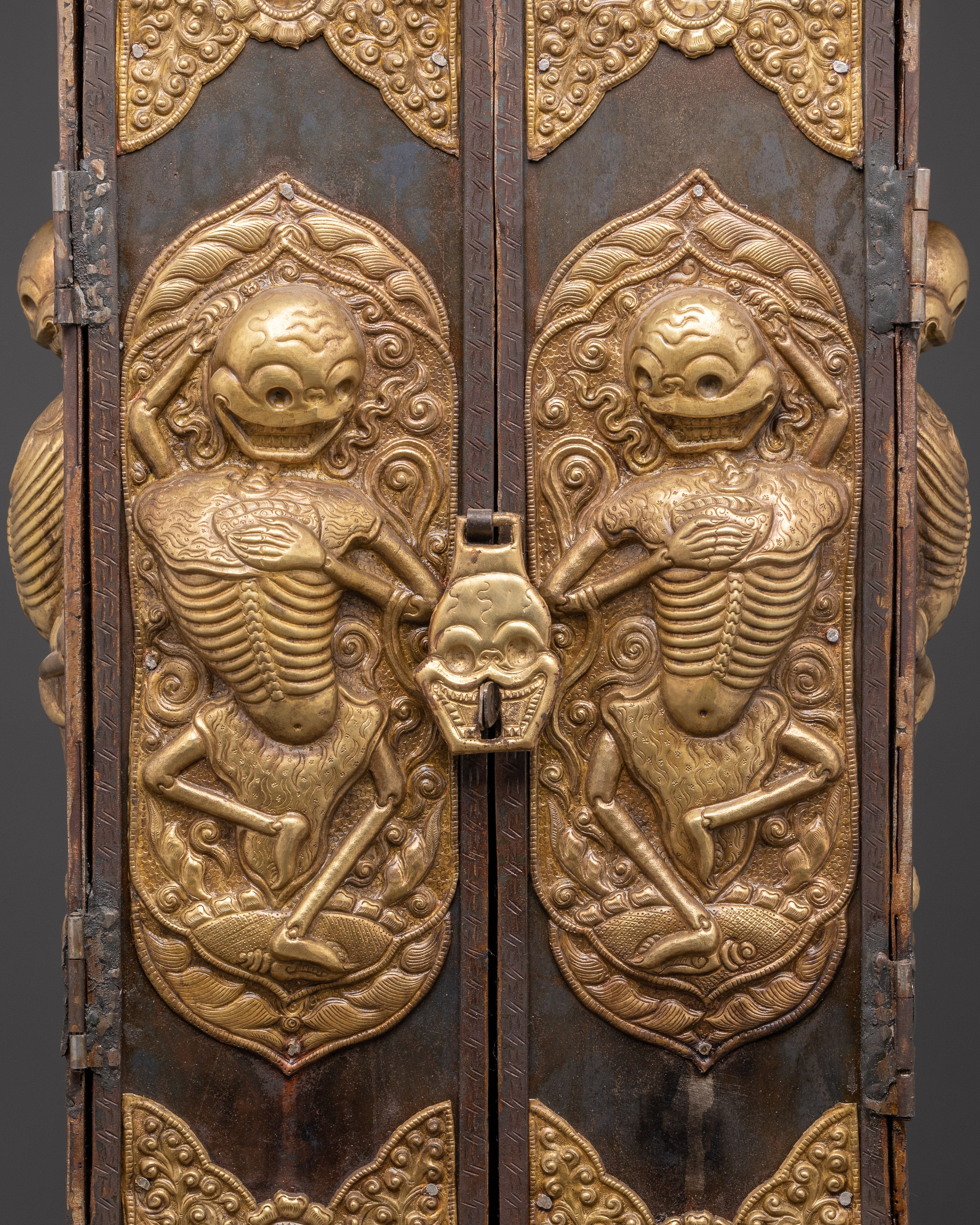 Large Chitipati Carved Ghau Box | Iron and Brass Tibetan Shrine Box