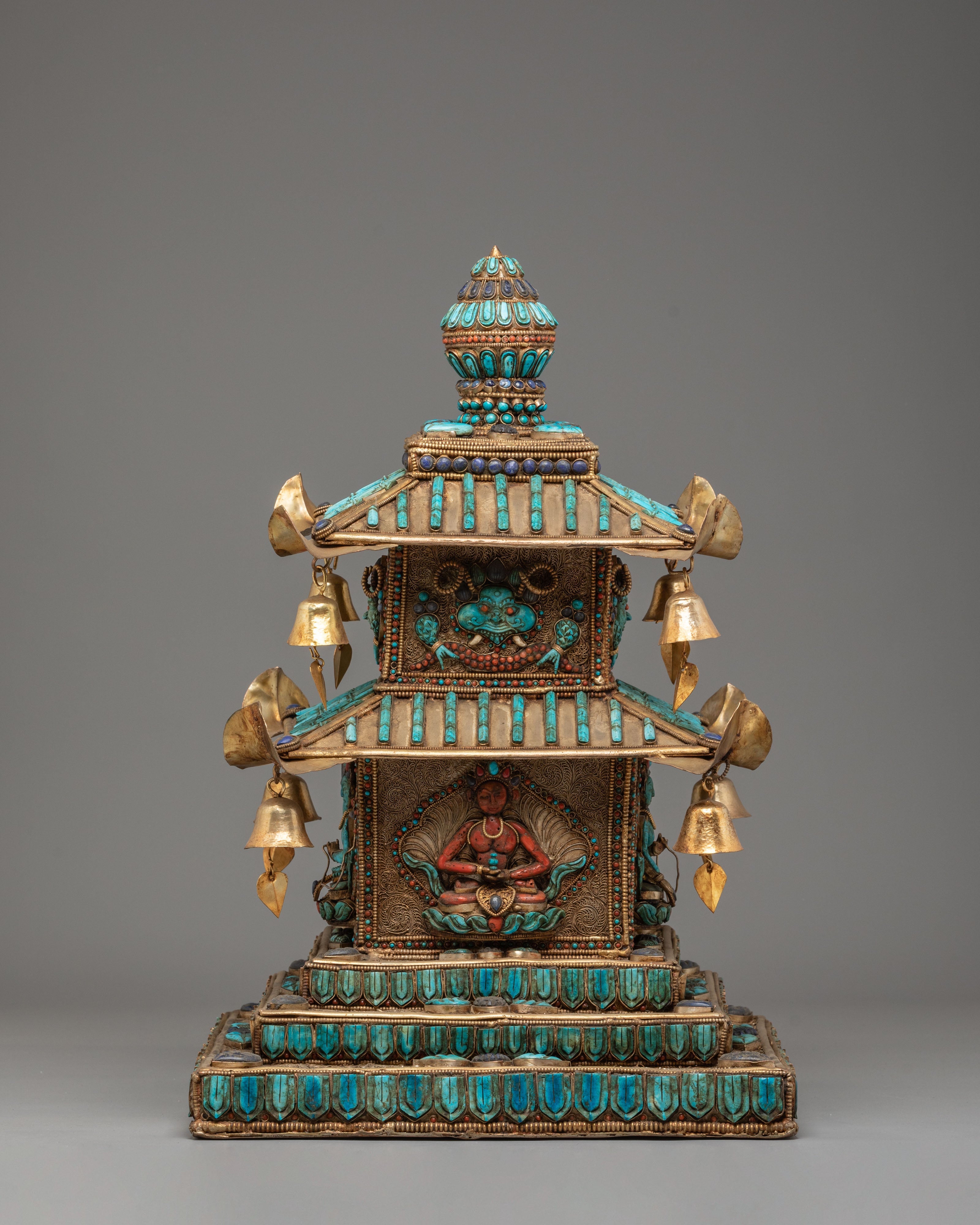 Tibetan Stupa with Deities and Turquoise Inlays