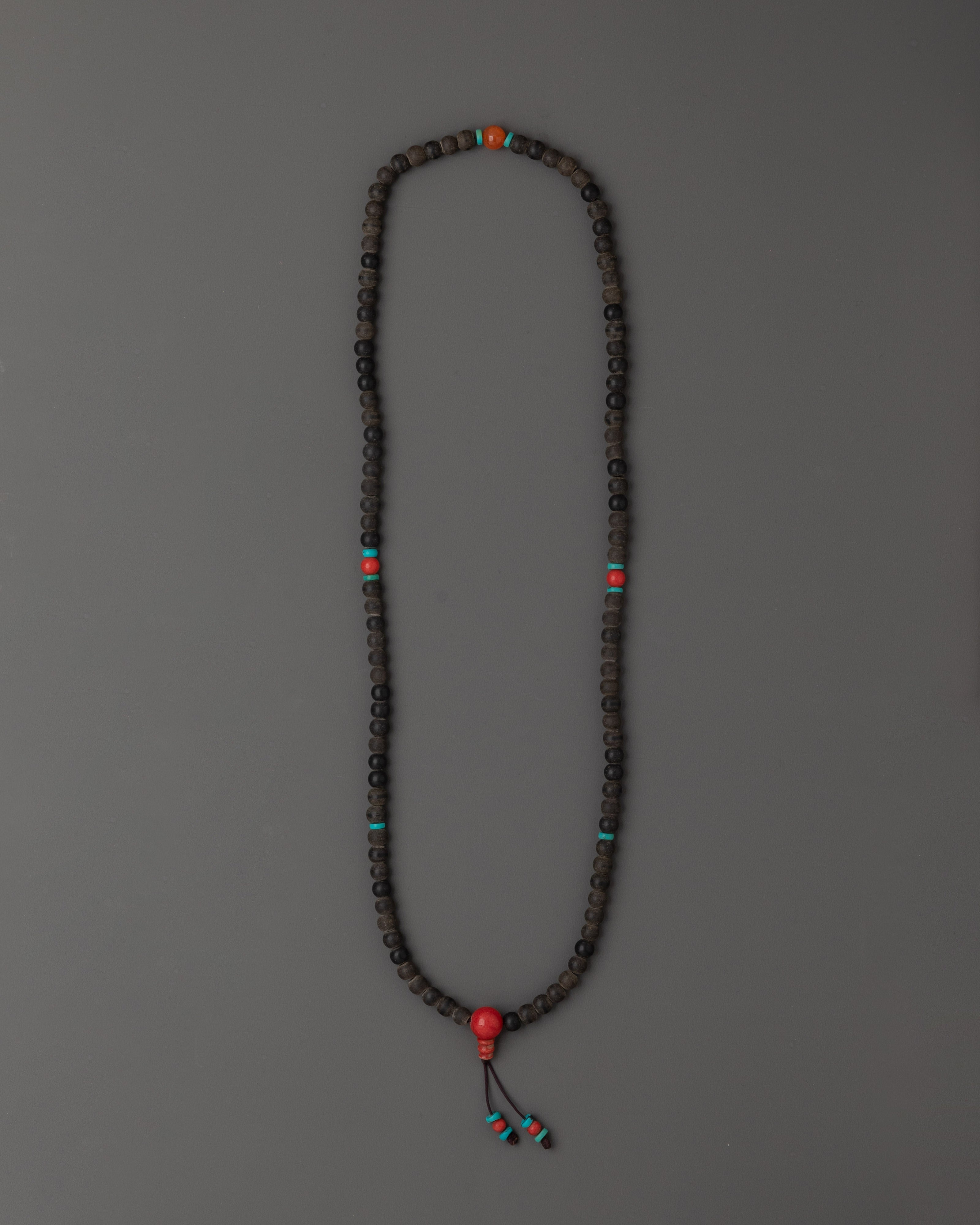 108 Bead Japa Mala Necklace with Black Stone Beads | Turquoise and Coral Accents