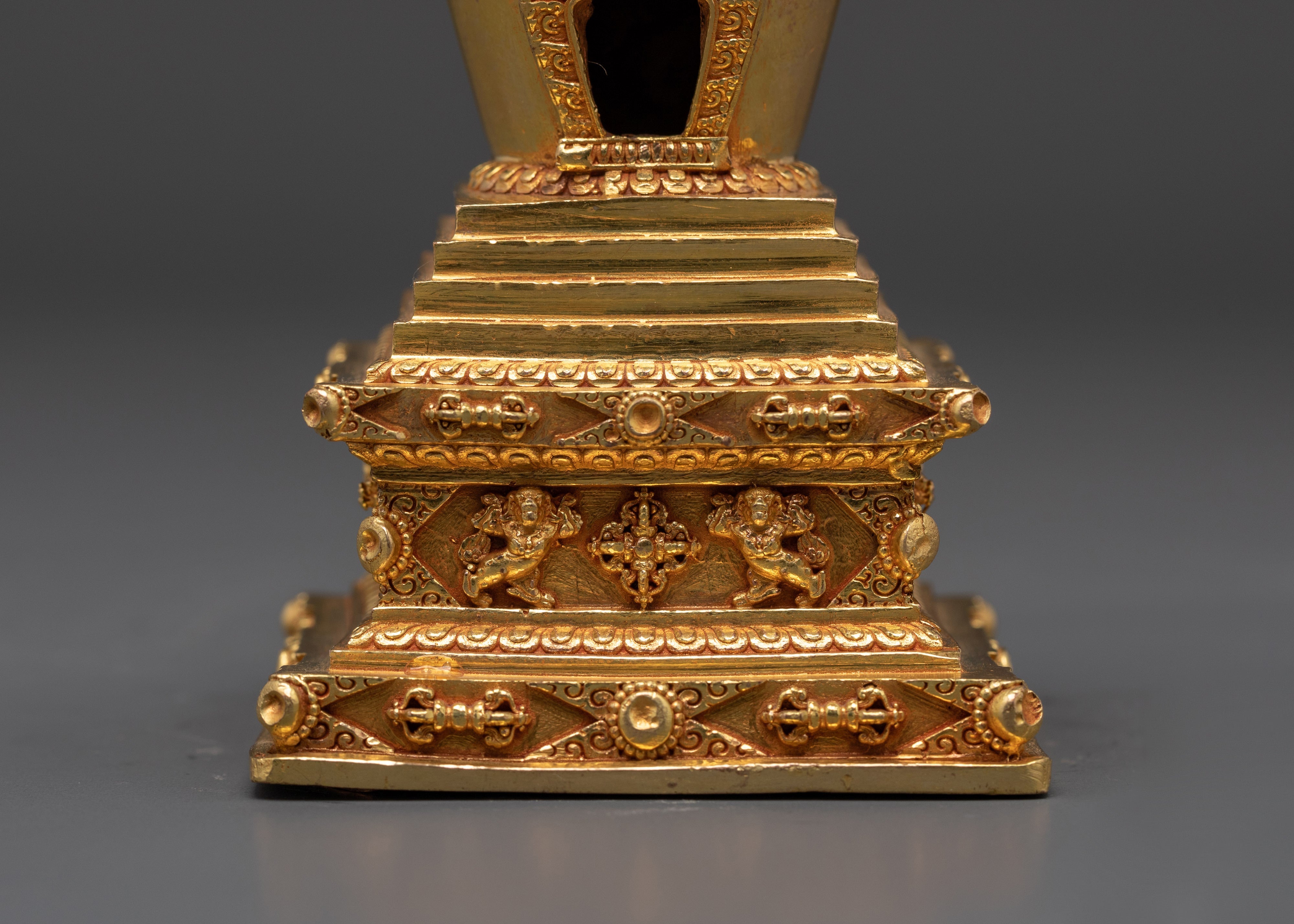 Handcrafted Buddhist Spiritual Copper Stupa Statue | Gold Plated Tibetan Decor