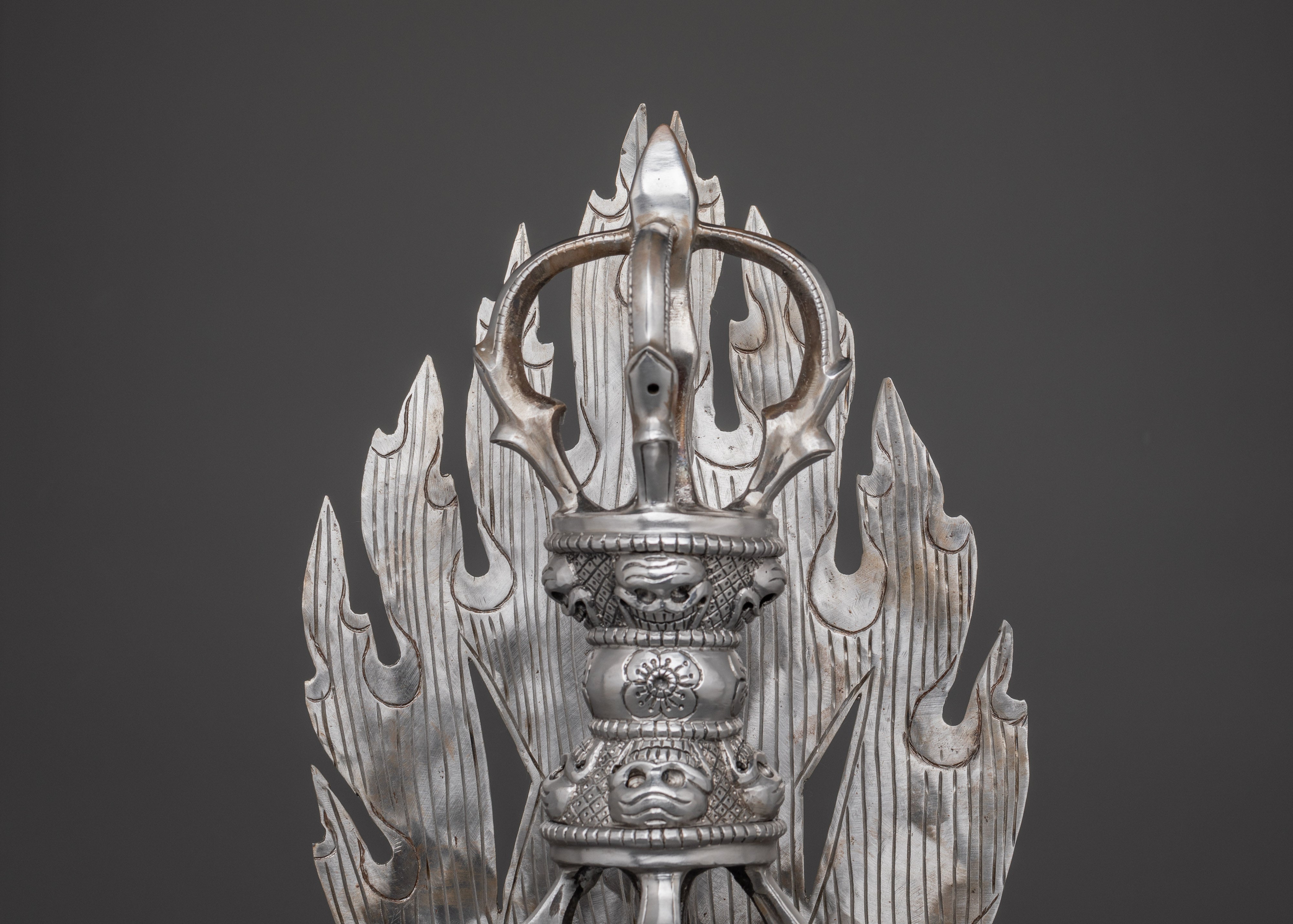 Tibetan Silver Vajra With Stand | Iron Buddhist Ritual Tool