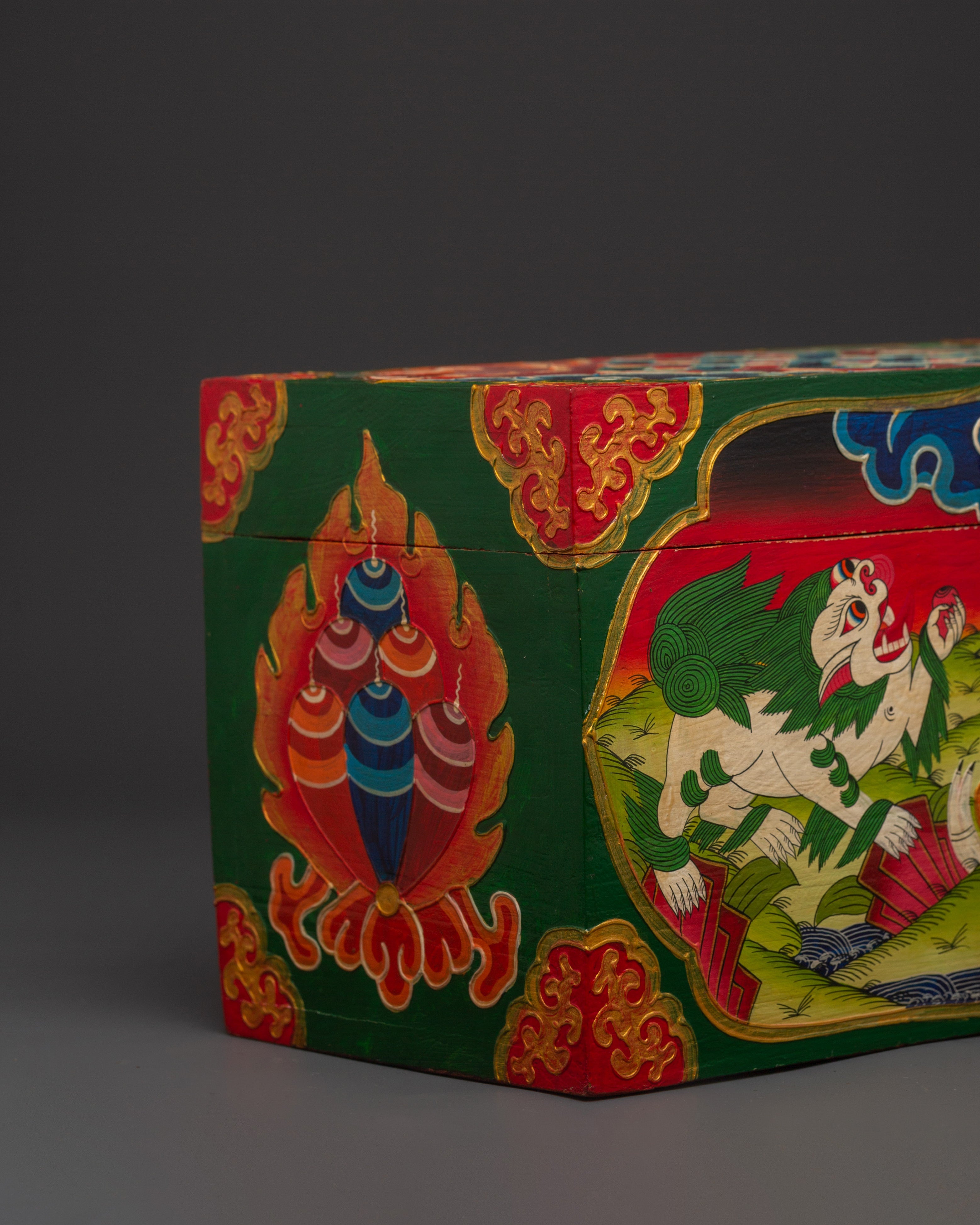 Tibetan Wooden Box with Snow Lions | Sacred Hand-Painted Ritual Chest