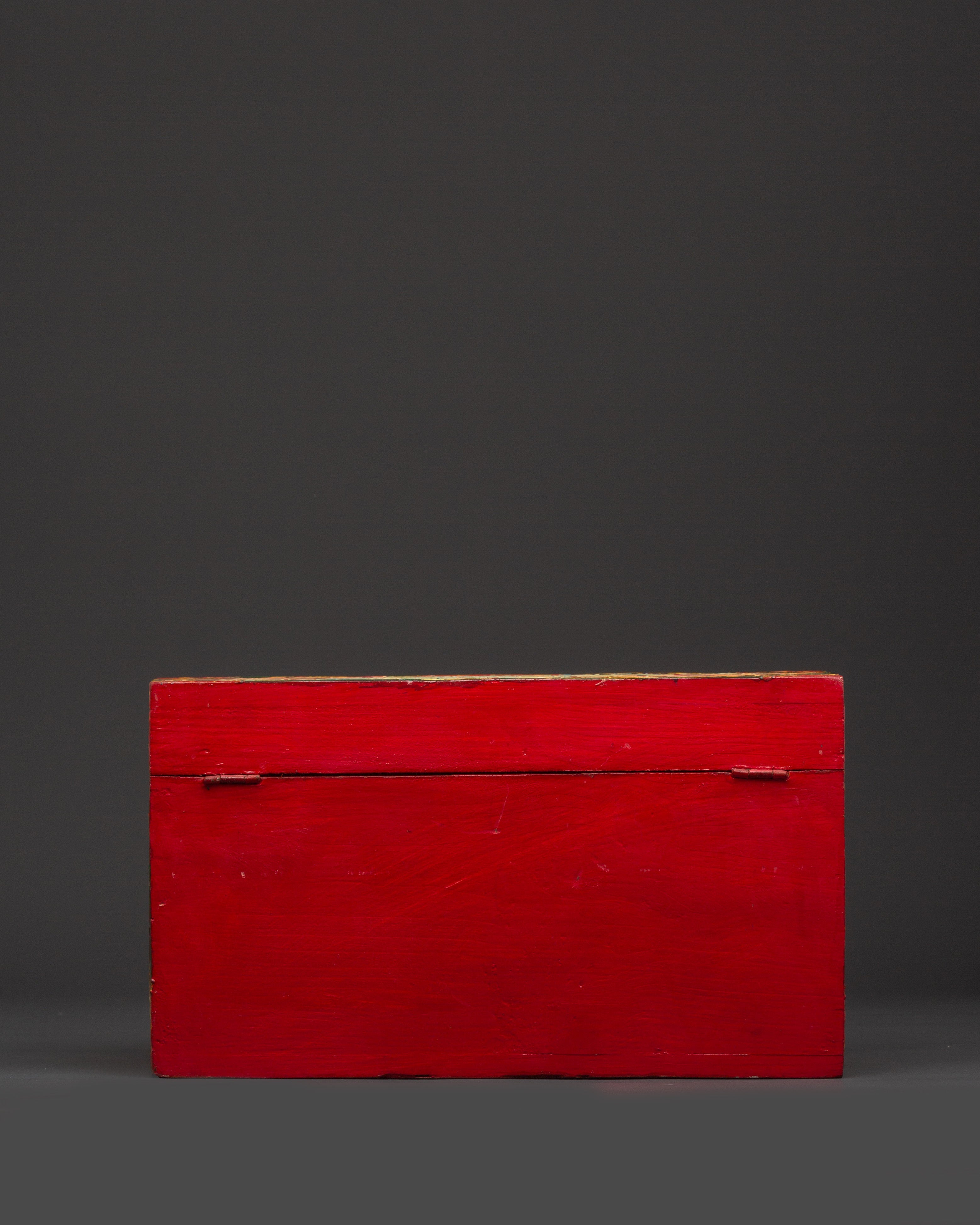 Tibetan Wooden Box with Snow Lions | Sacred Hand-Painted Ritual Chest