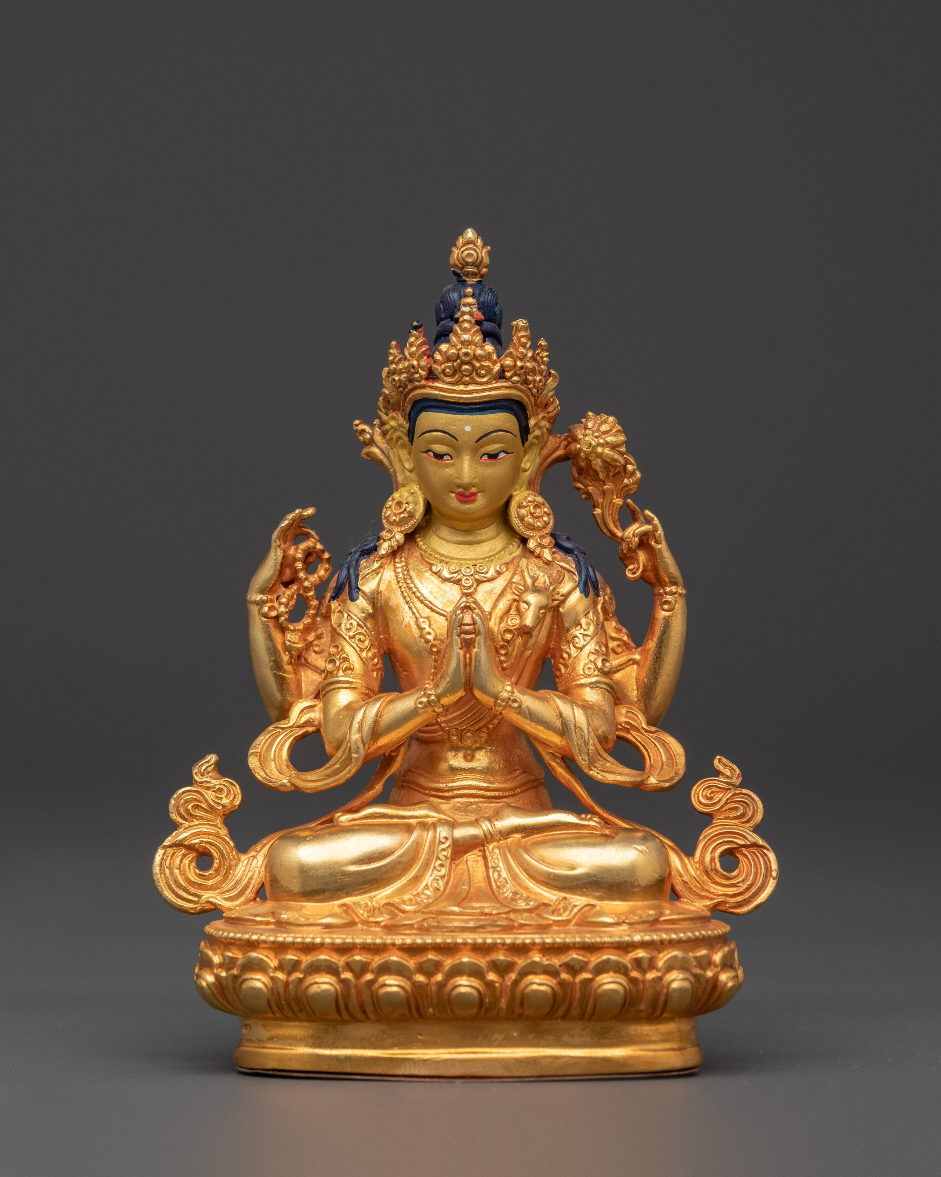 Chenrezig Copper Statue | Gold-Plated Four-Armed Avalokiteshvara in Mudra Pose