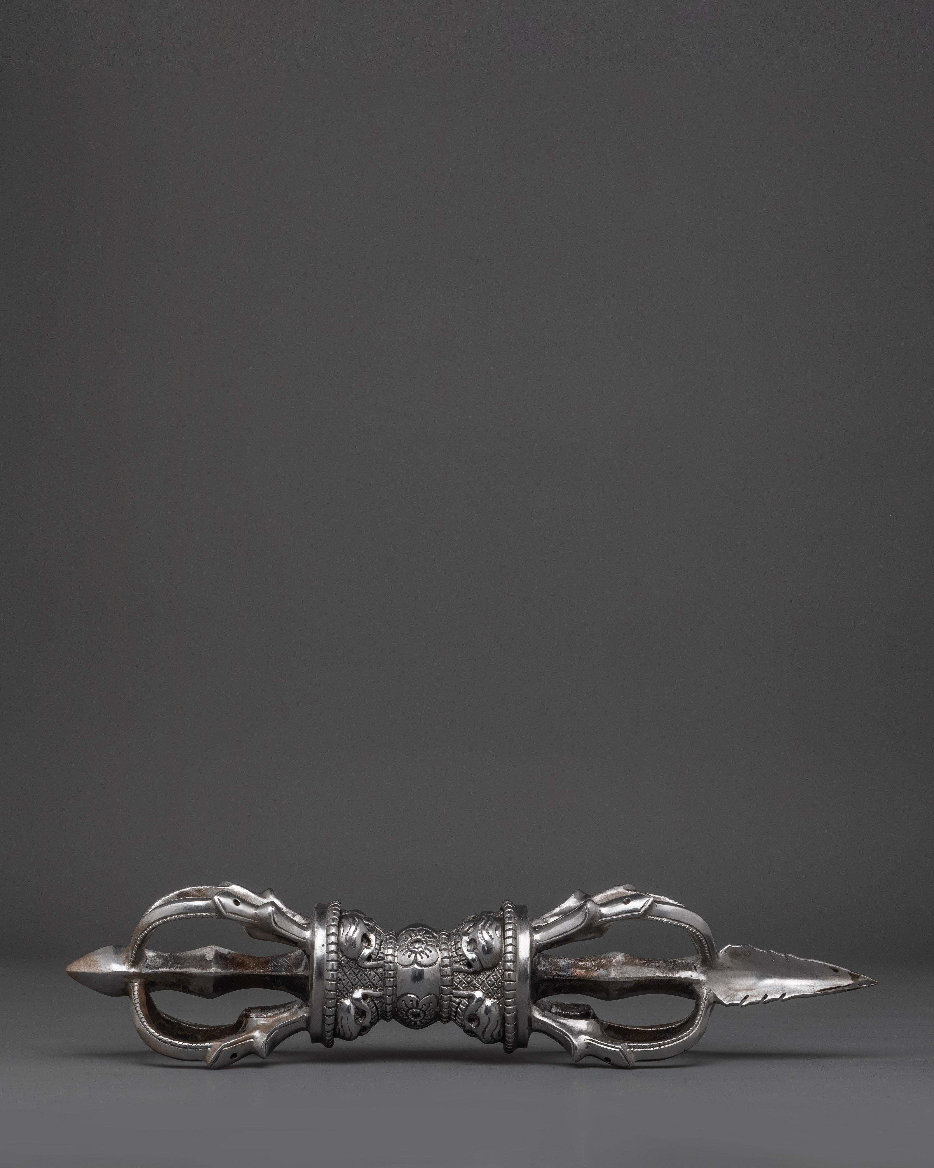 Tibetan Silver Vajra With Stand | Iron Buddhist Ritual Tool