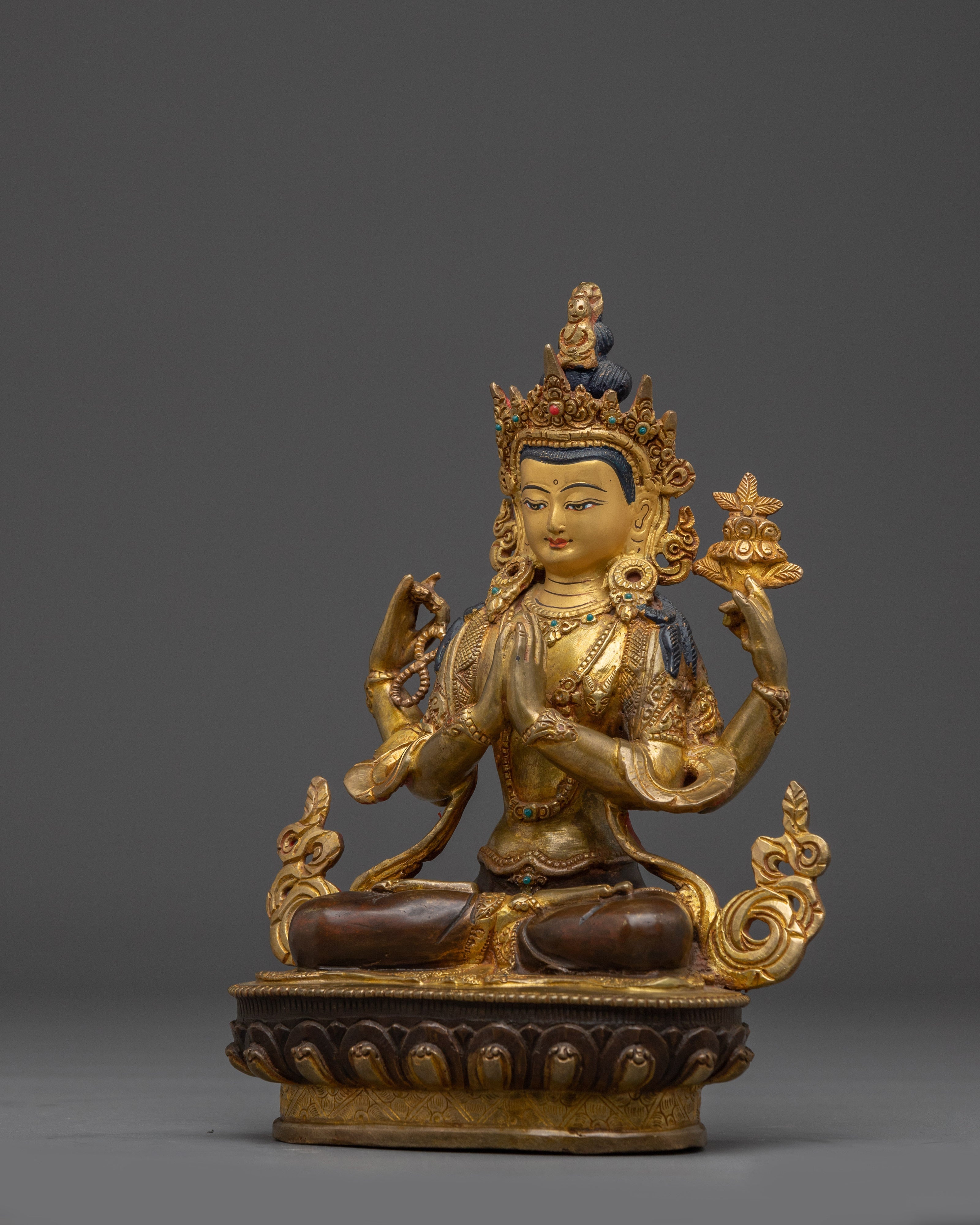 Four-Armed Chenrezig Deity in Copper | Buddhist Statue for Compassion