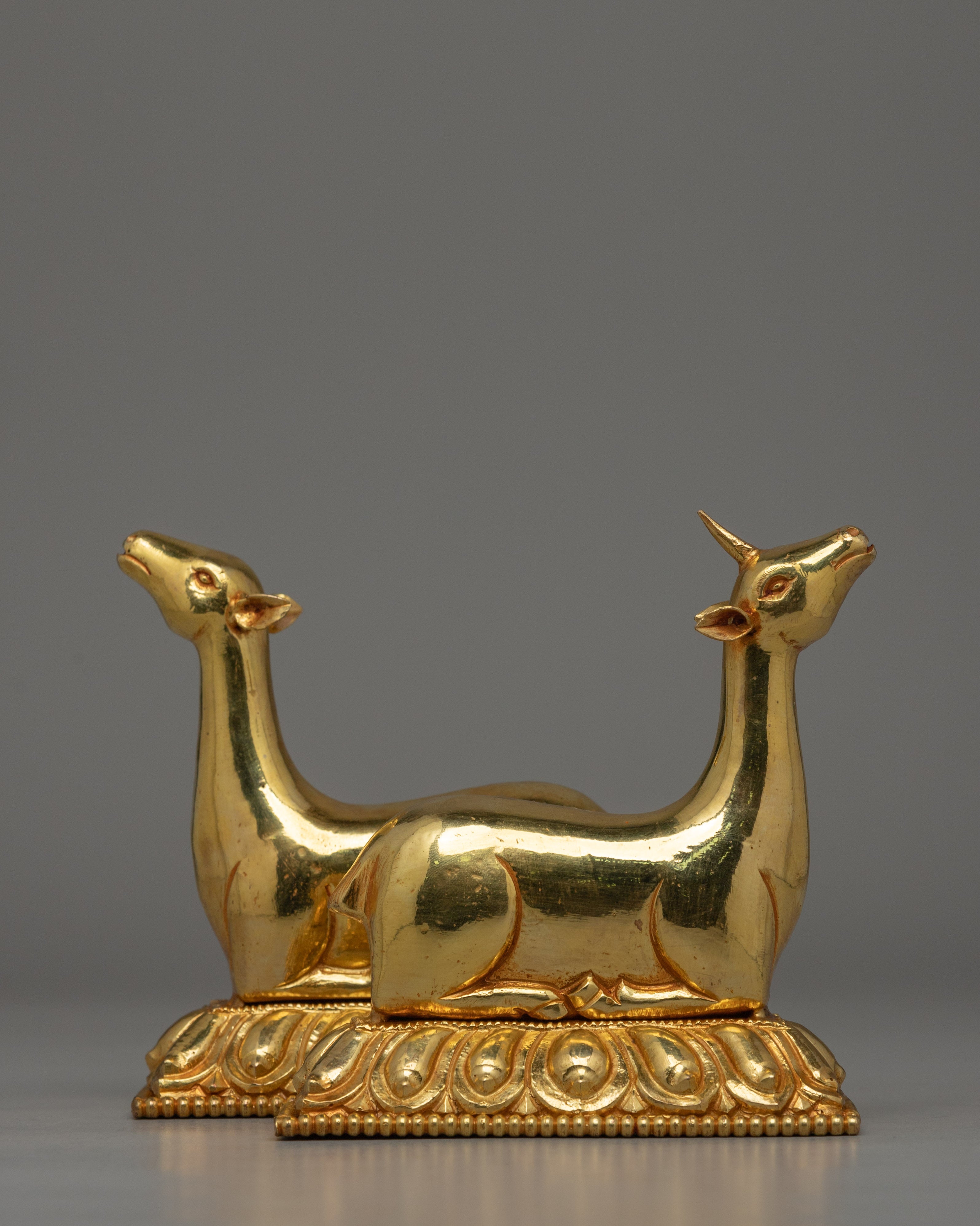 Gold-Plated Dharma Wheel with Deer Set | Spiritual Meditation Gift