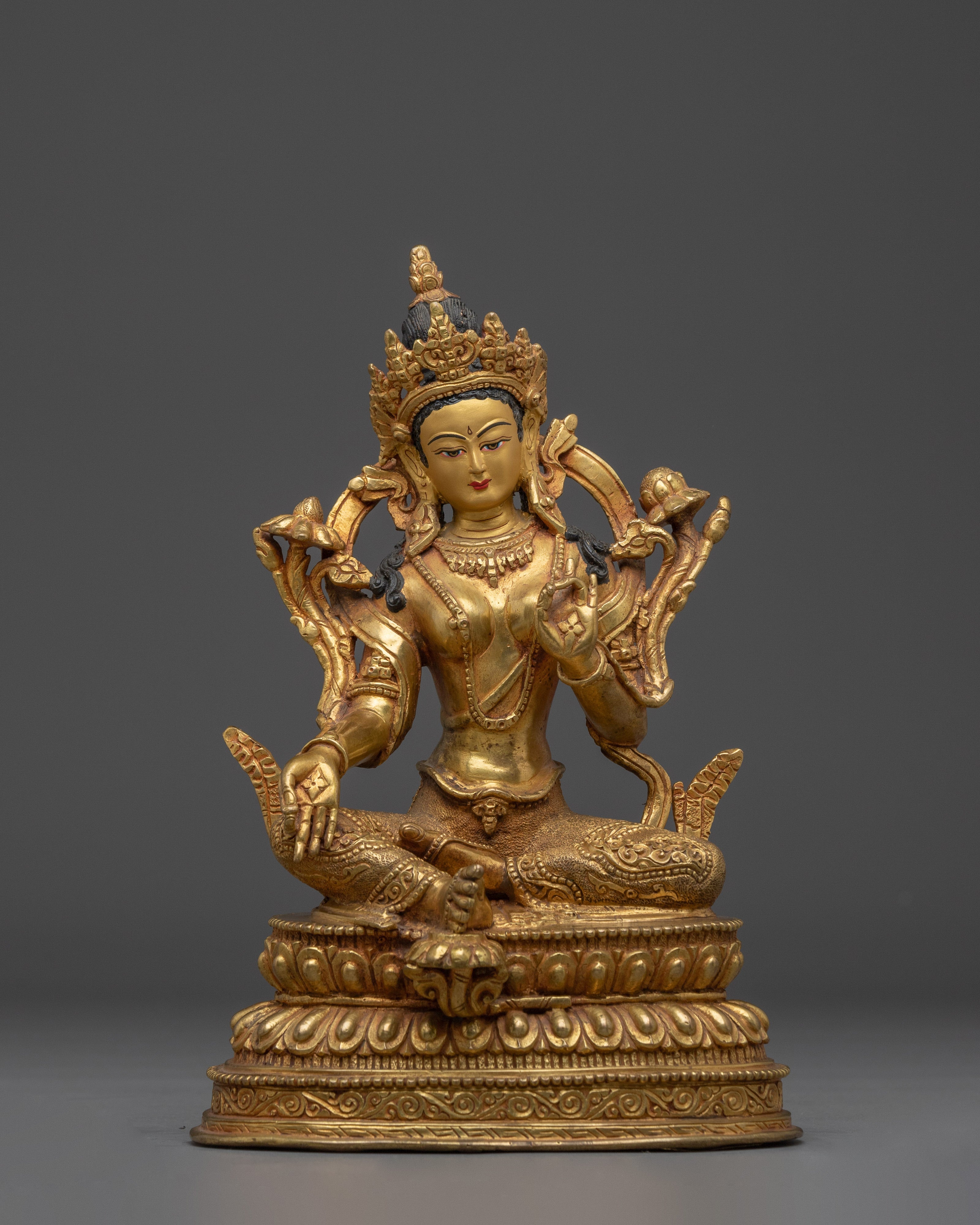 Green Tara statue in 24K gold gilded