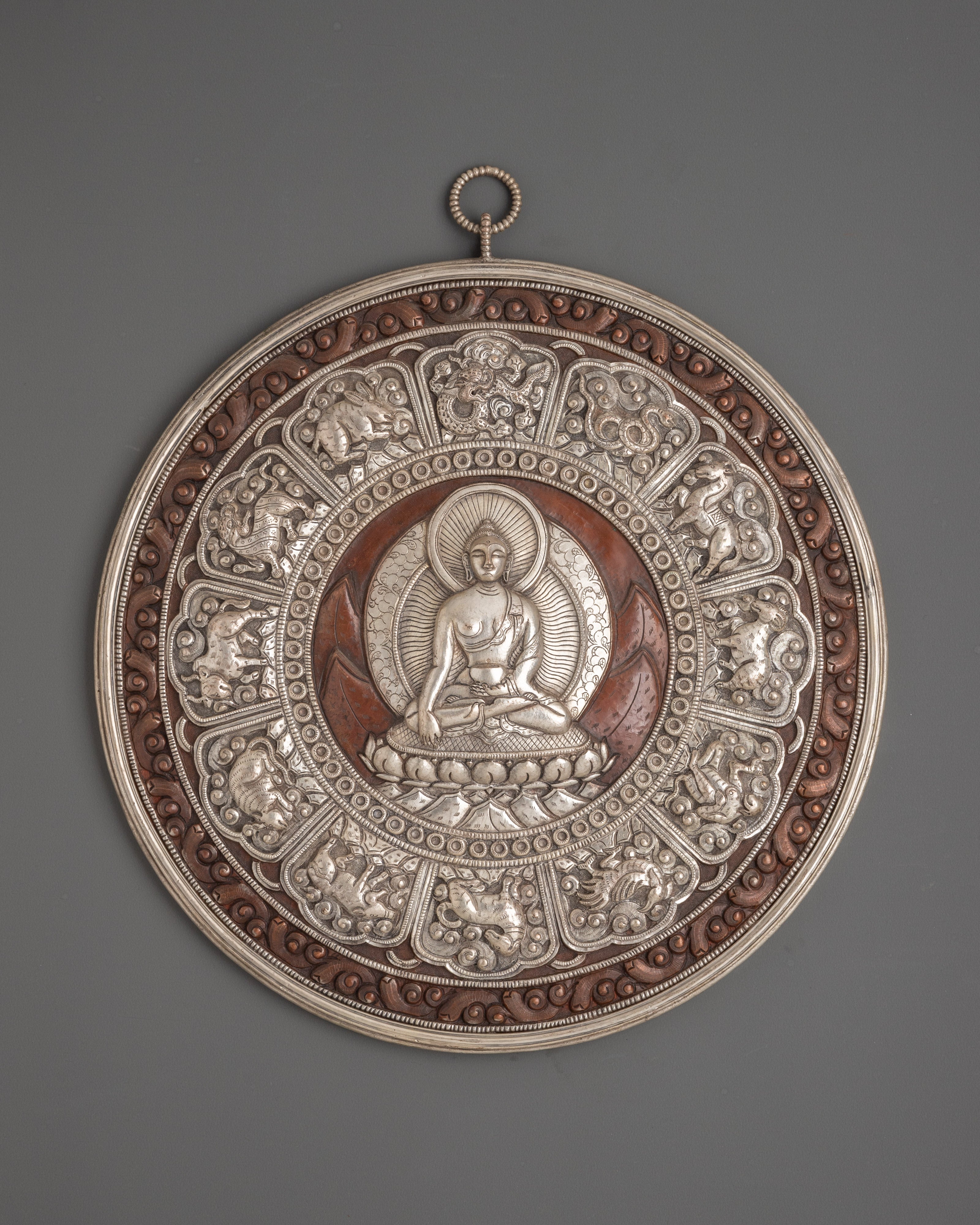 Shakyamuni Buddha Wall Hanging with 12 Zodiac Signs | Sacred Buddhist Wall Decor