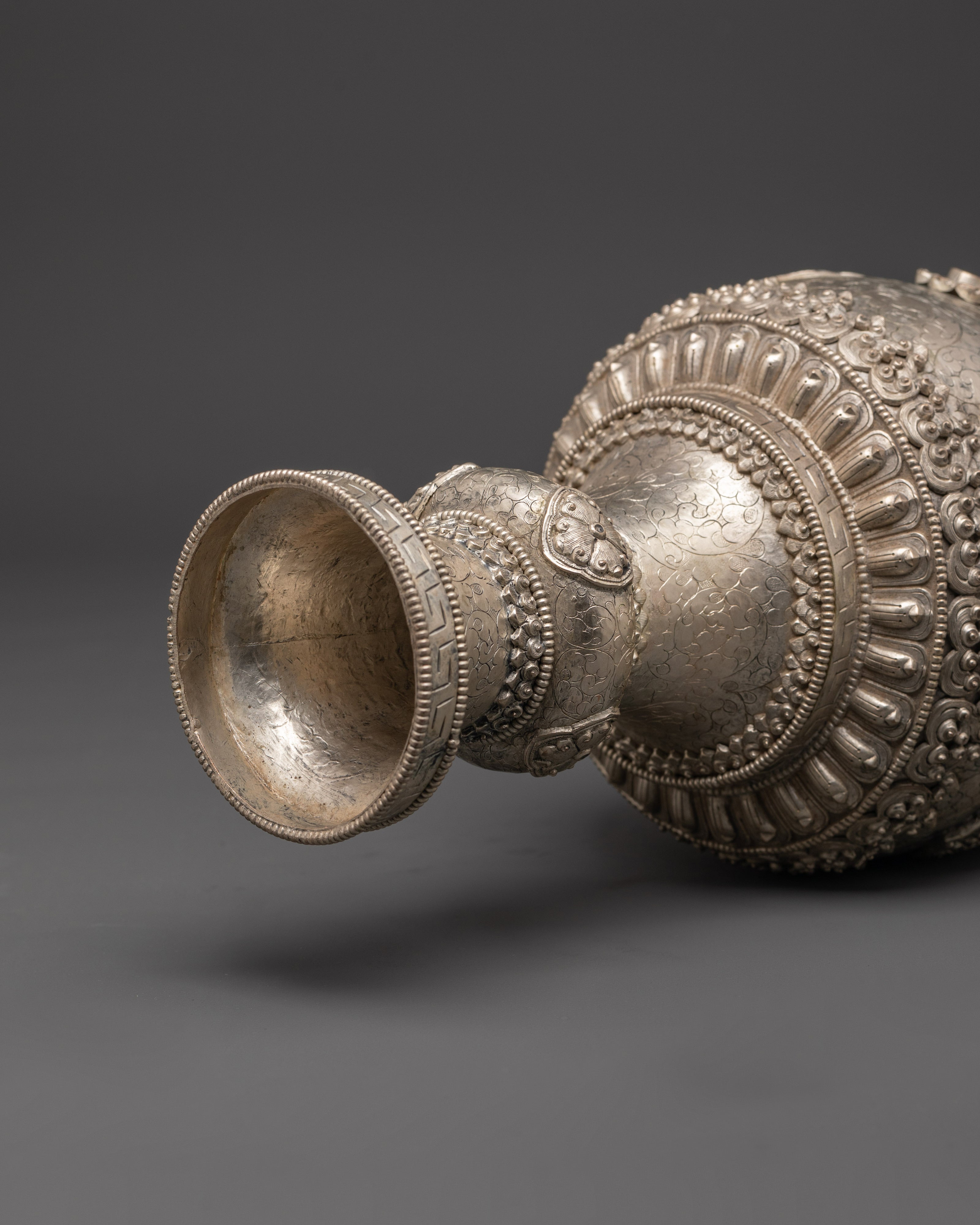 Handcrafted Silver Flower Vase Pair | Tibetan Buddhist Lion Motif Urns