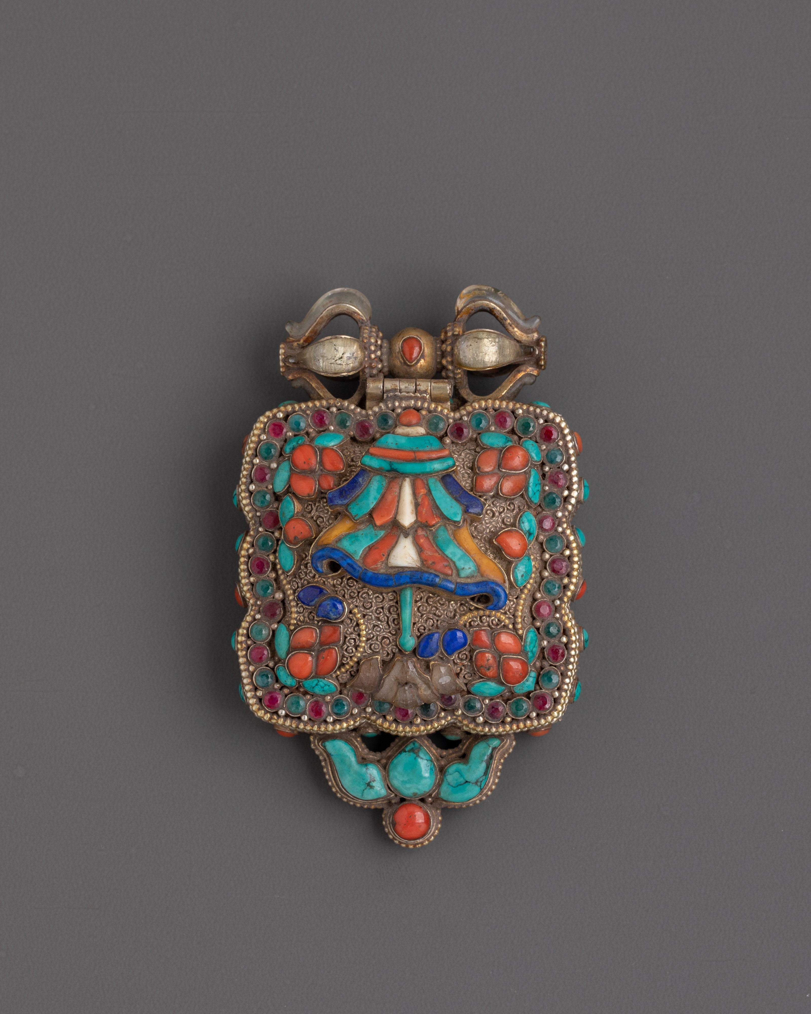 Spiritual Ghau Locket | Handcrafted Silver Pendant with Coral, Turquoise