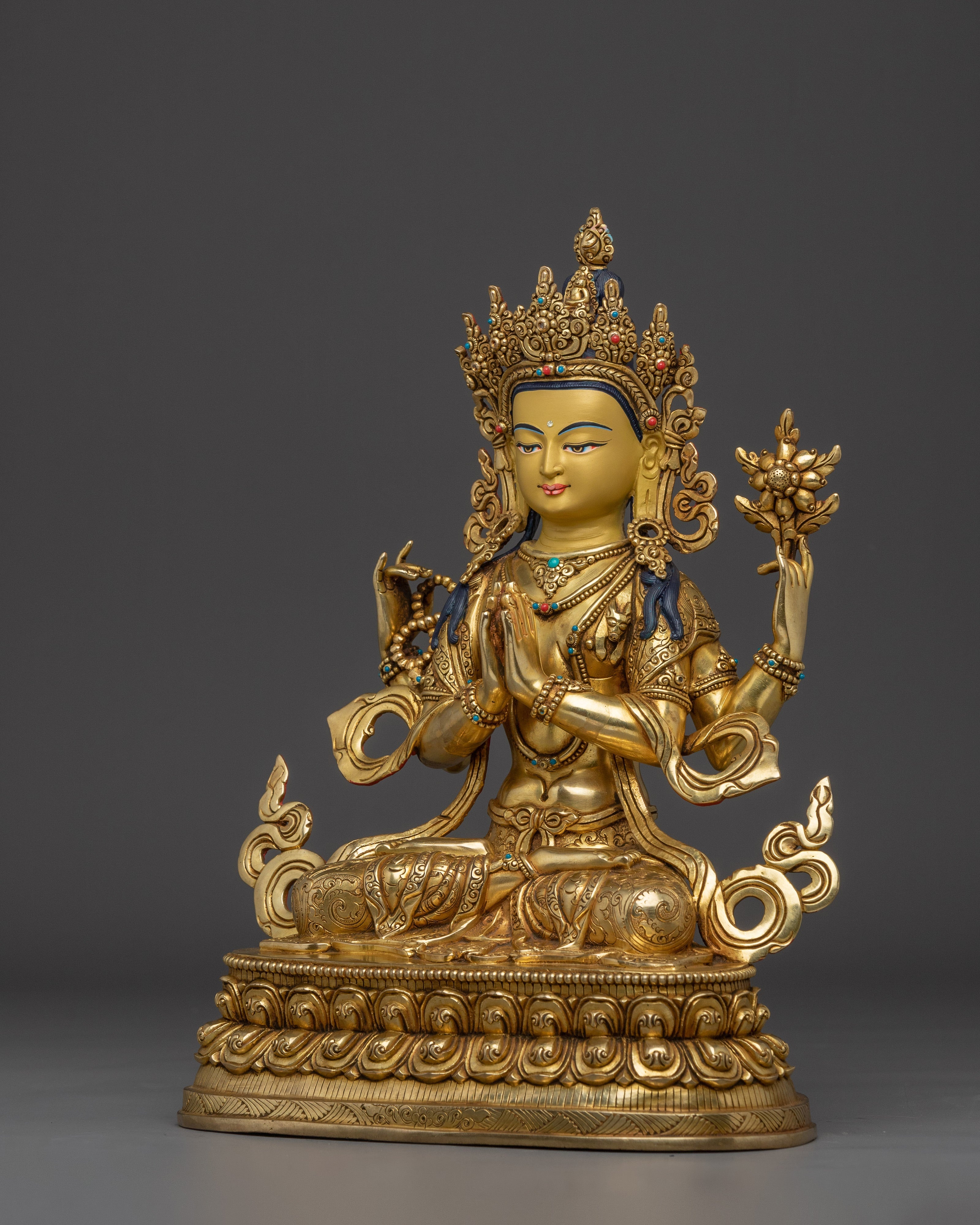 Gold Gilded Chenrezig Statue with Copper Body | Tibetan Bodhisattva of Compassion