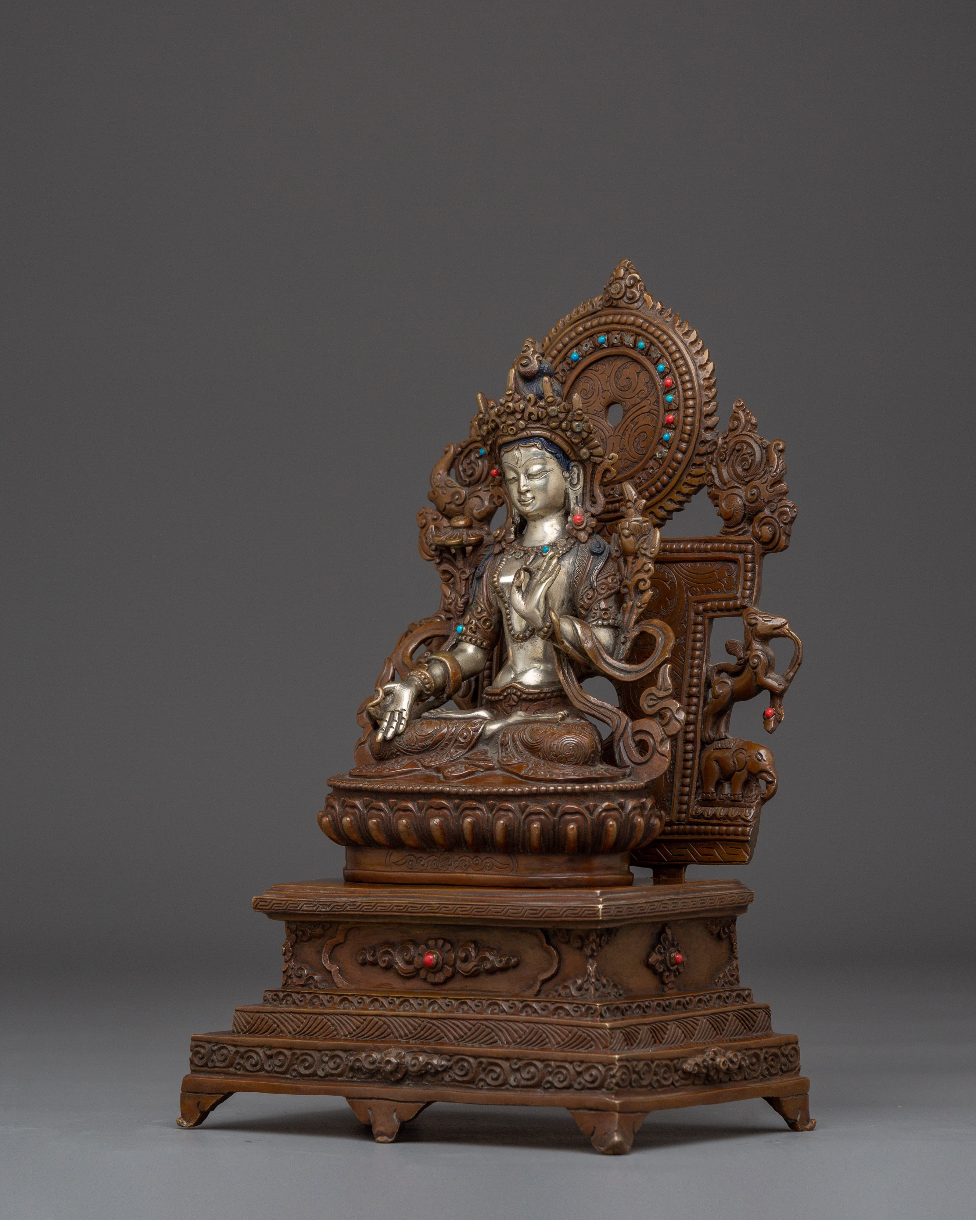 Silver and Copper White Tara Statue with Throne | Healing, Longevity & Spiritual Decor