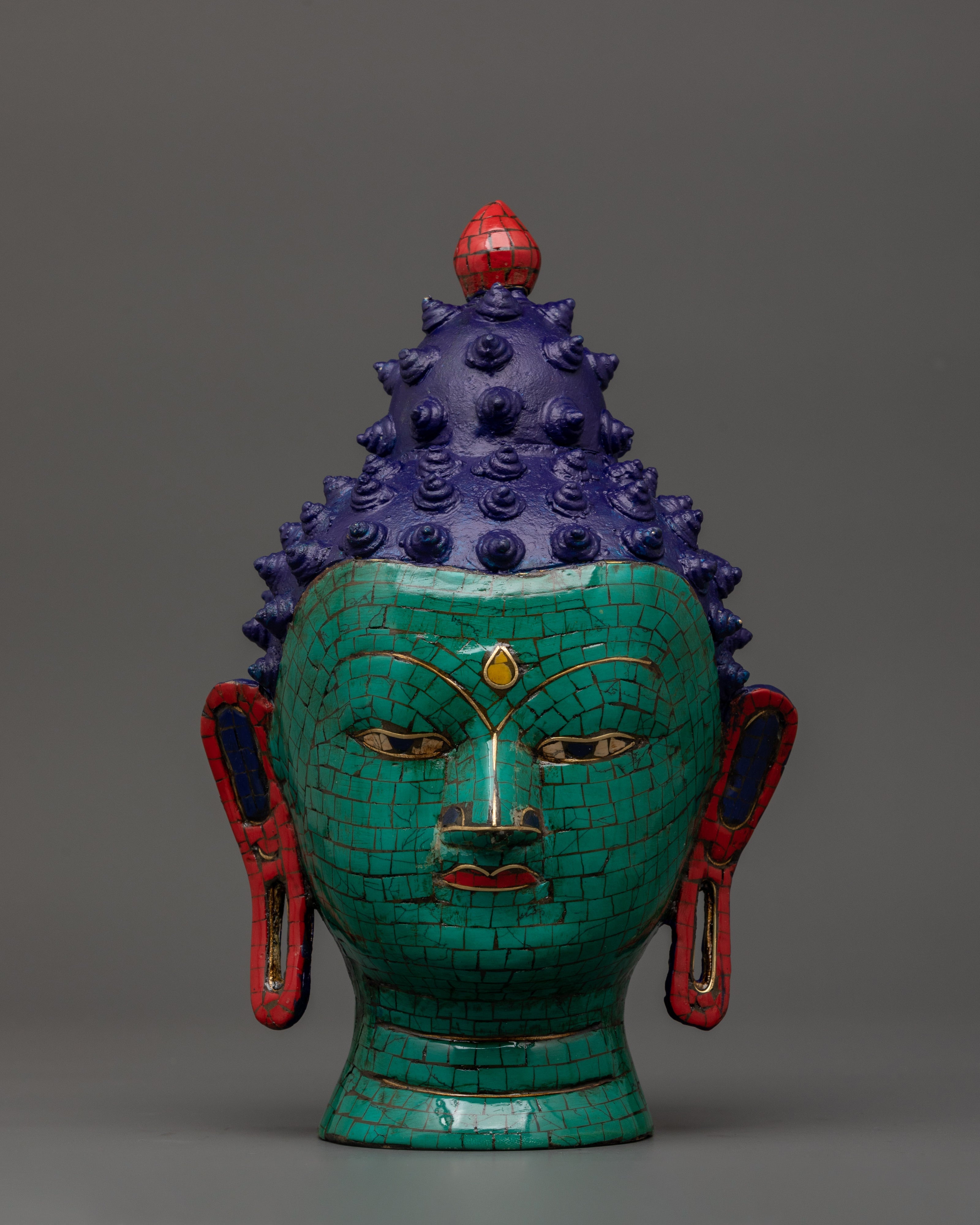 Brass Buddha Head Statue with Turquoise