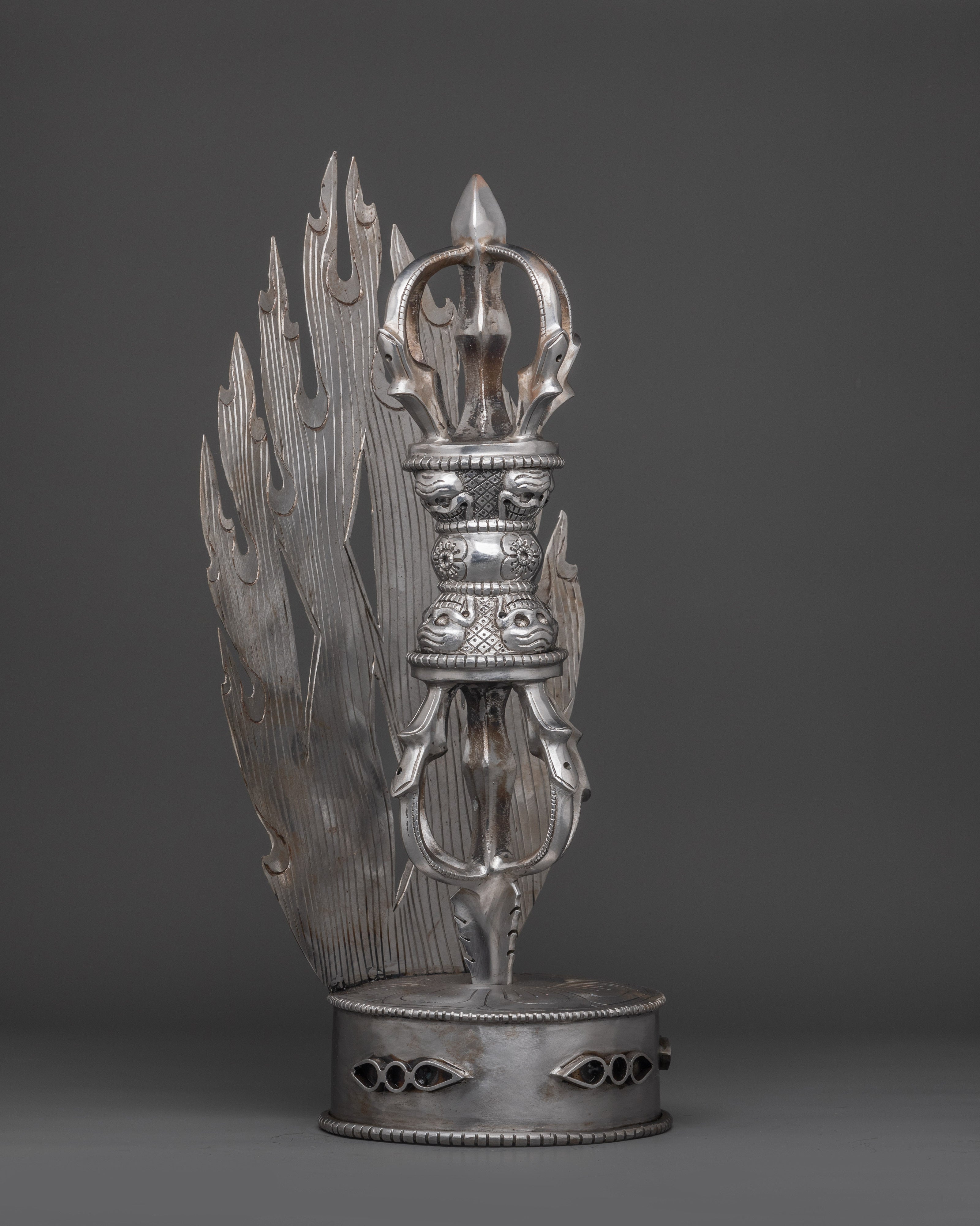 Tibetan Silver Vajra With Stand | Iron Buddhist Ritual Tool
