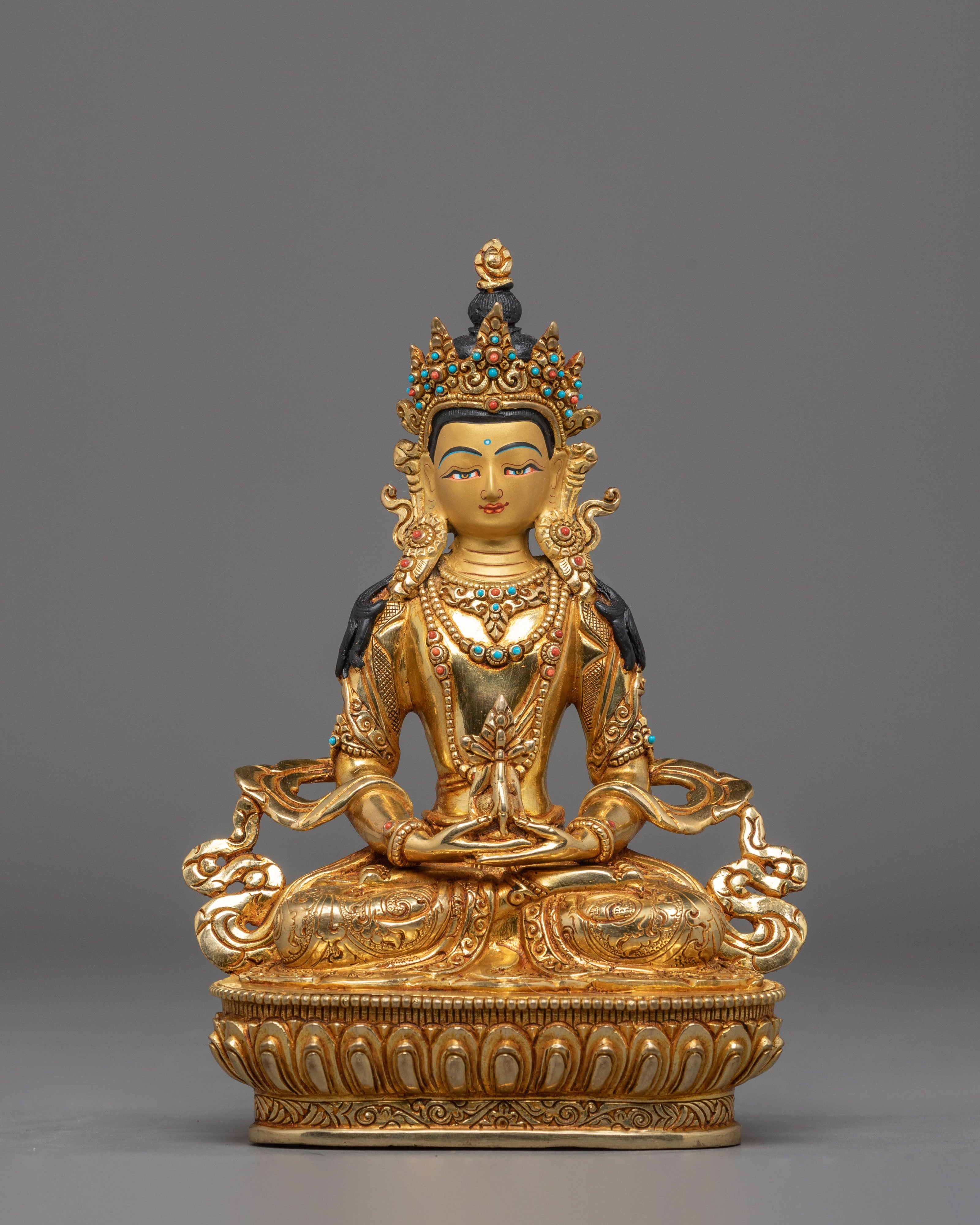 Sacred Amitayus Buddha Statue | Gold Plated Sculpture with Coral & Turquoise