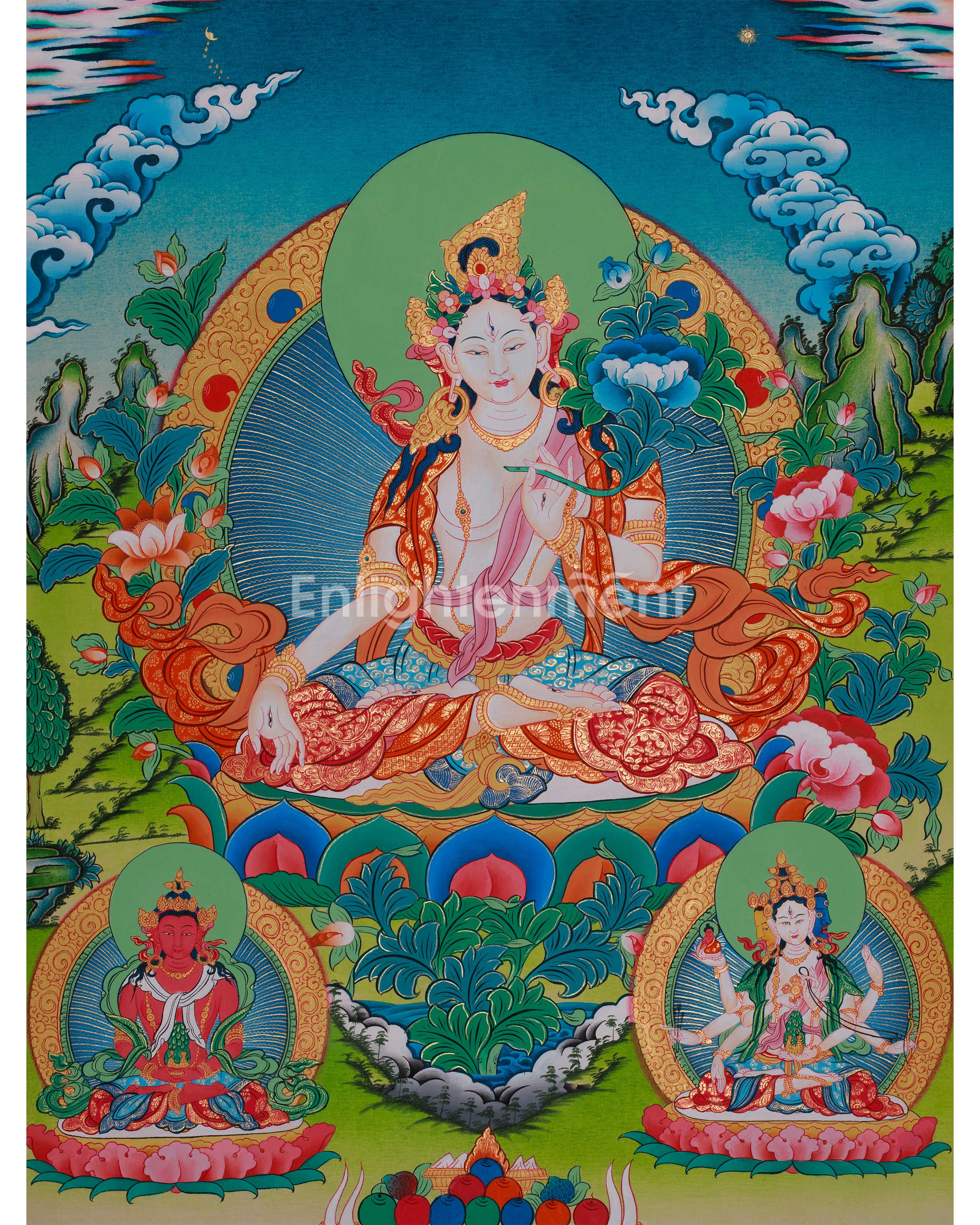 goddess white tara with amitayus buddha and namgyalma