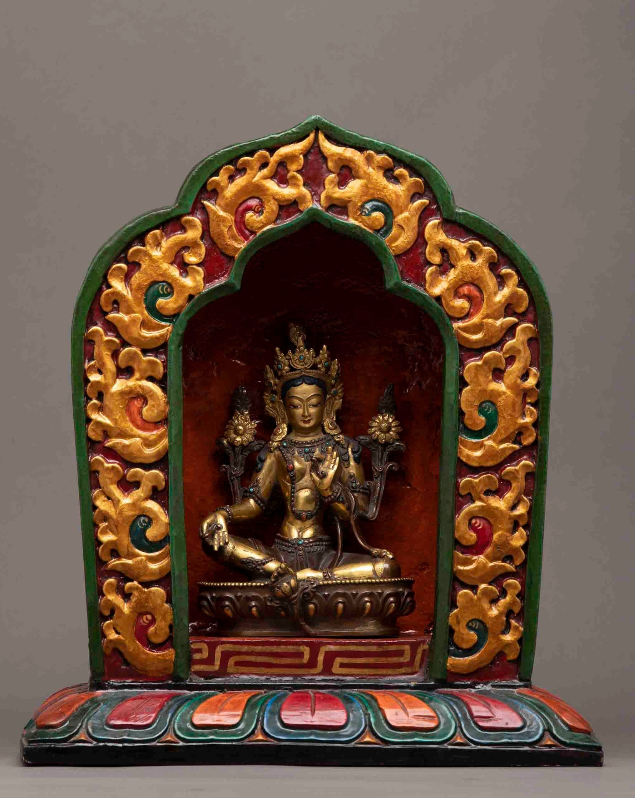Vintage 25+ year old Green Tara Sculpture With Wooden Throne