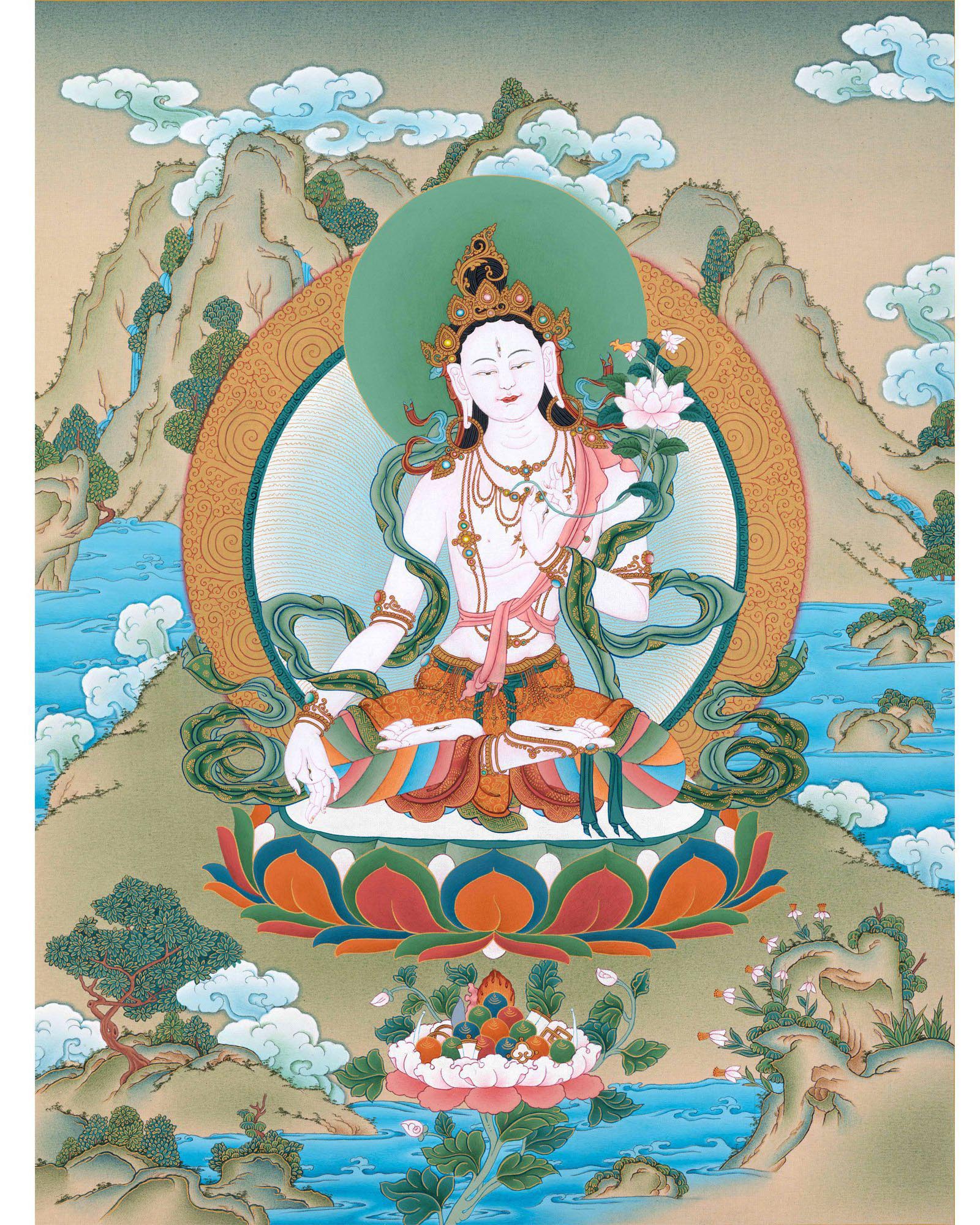 White Tara Thangka, Traditional Hand Painted Gold Tara Painting, Vajrayana Buddhist Art