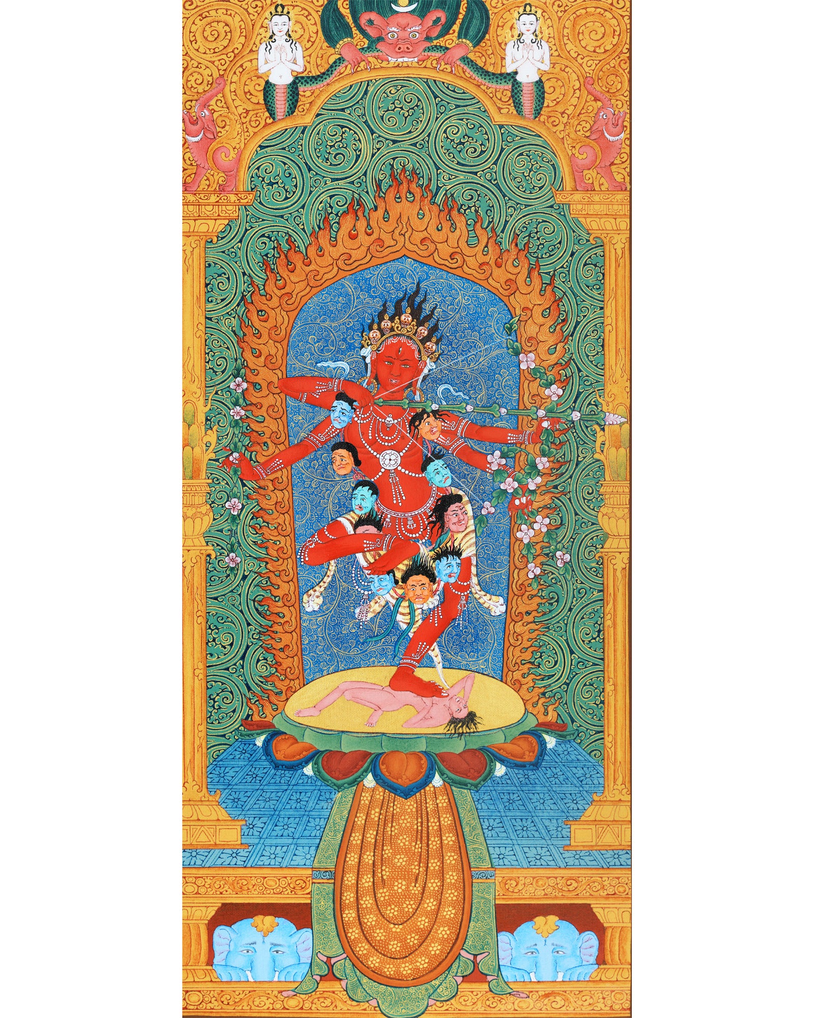 Kurukulla, Tibetan Thangka in Natural Stone Colors, Dakini
