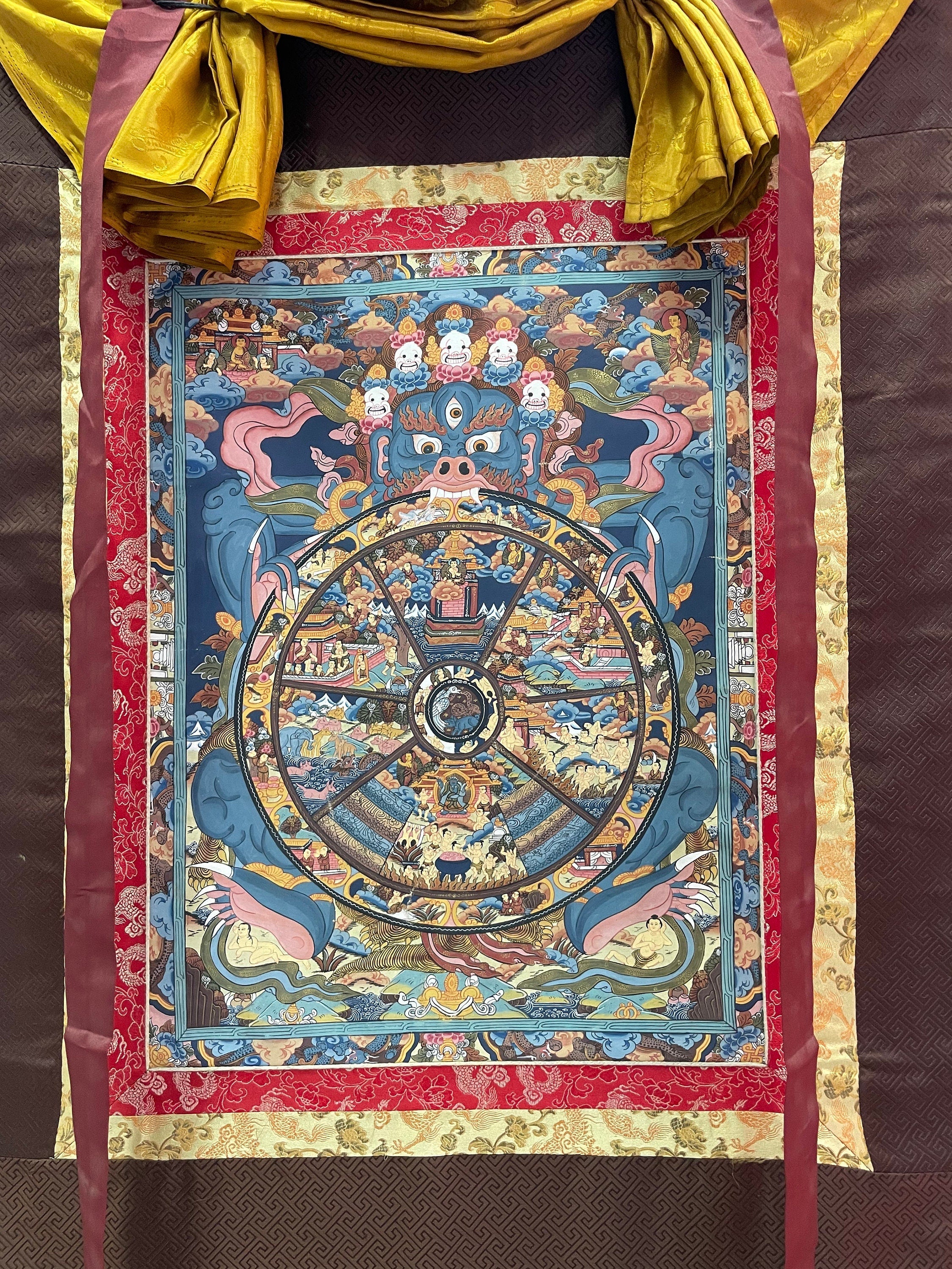 Brocaded Wheel of Life Thangka | Buddhist Art | Tibetan Buddhism | Yoga and Meditation Decor