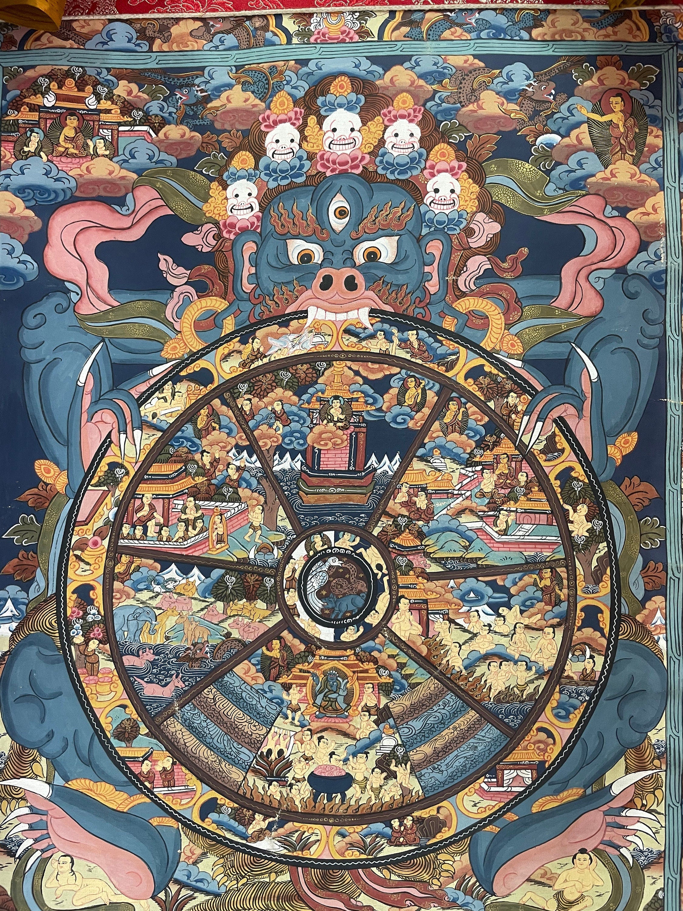 Brocaded Wheel of Life Thangka | Buddhist Art | Tibetan Buddhism | Yoga and Meditation Decor