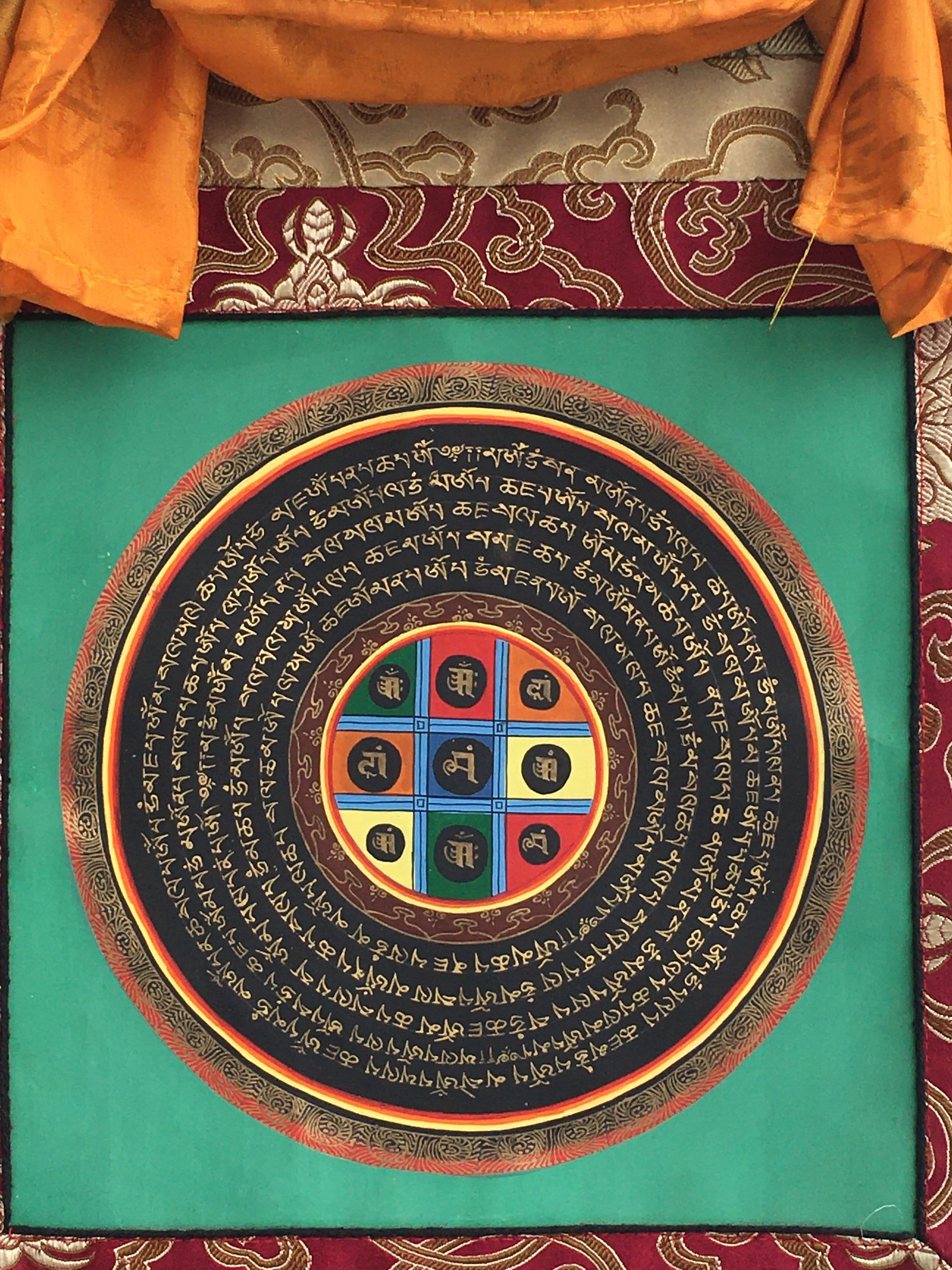 Mantra Mandala Mounted on Beautiful Green Flower Silk Brocade | Meditation Decor