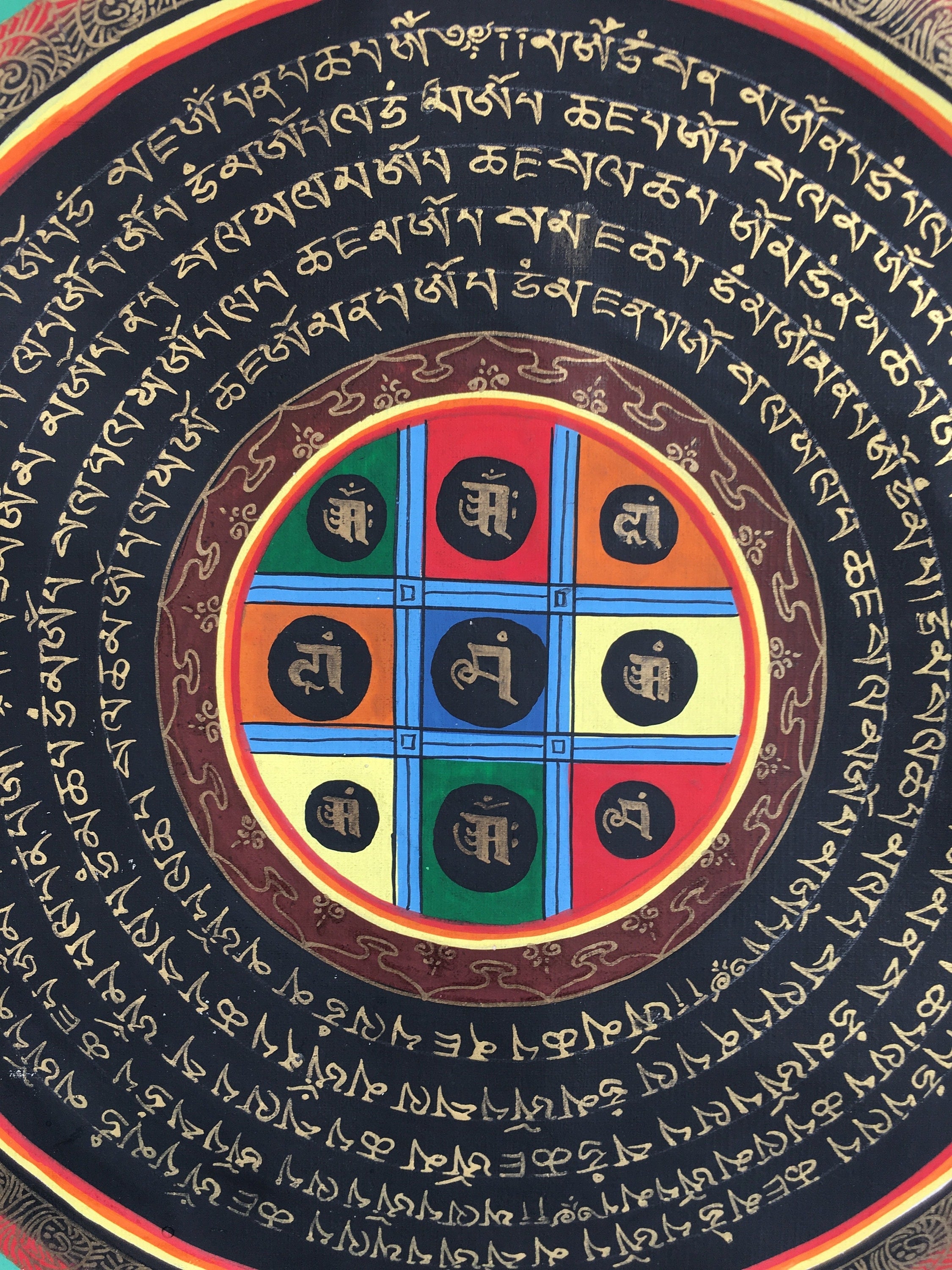 Mantra Mandala Mounted on Beautiful Green Flower Silk Brocade | Meditation Decor