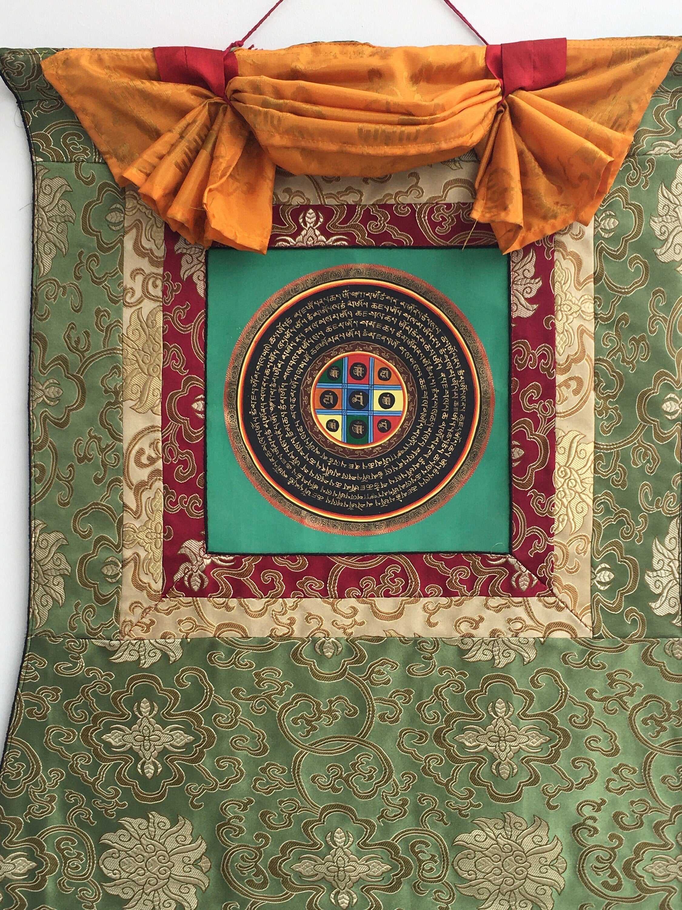 Mantra Mandala Mounted on Beautiful Green Flower Silk Brocade | Meditation Decor