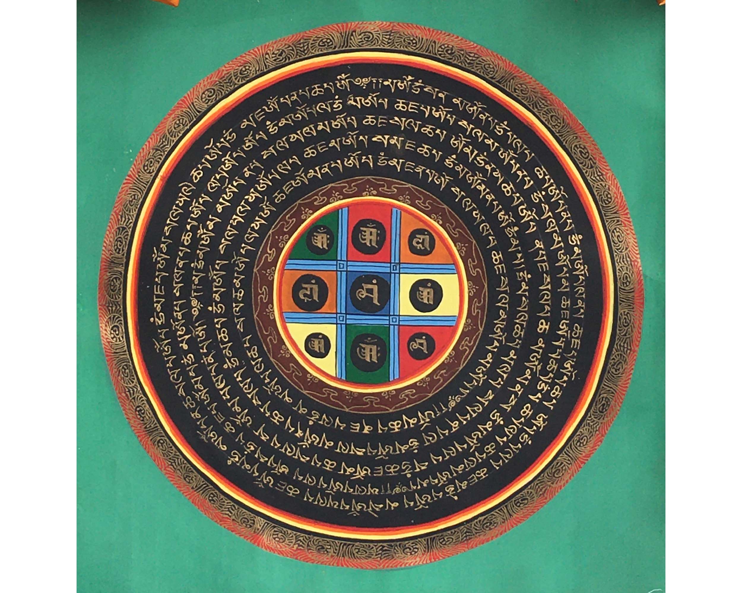 Mantra Mandala Mounted on Beautiful Green Flower Silk Brocade | Meditation Decor