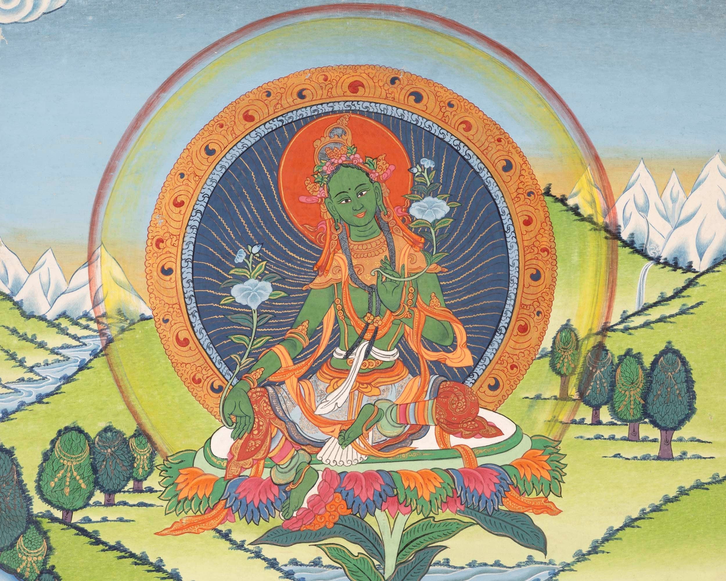 Traditional Green Tara Thangka | Original Hand-Painted Healing Female Deity | Healing Tara Painting |Wall Hanging Yoga Meditation Canvas Art