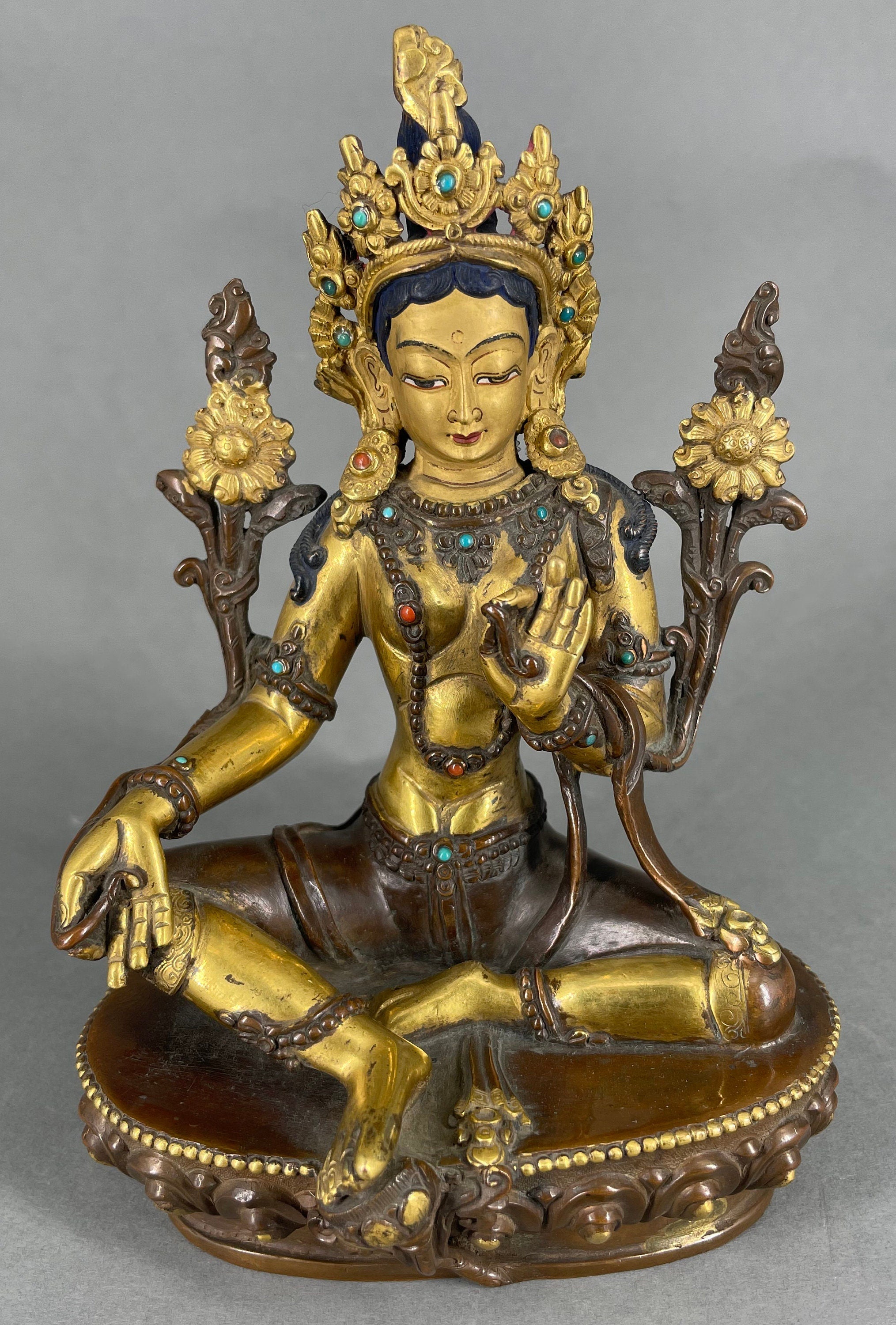 Vintage 25+ year old Green Tara Sculpture With Wooden Throne | Handmade Buddhist Female Goddess