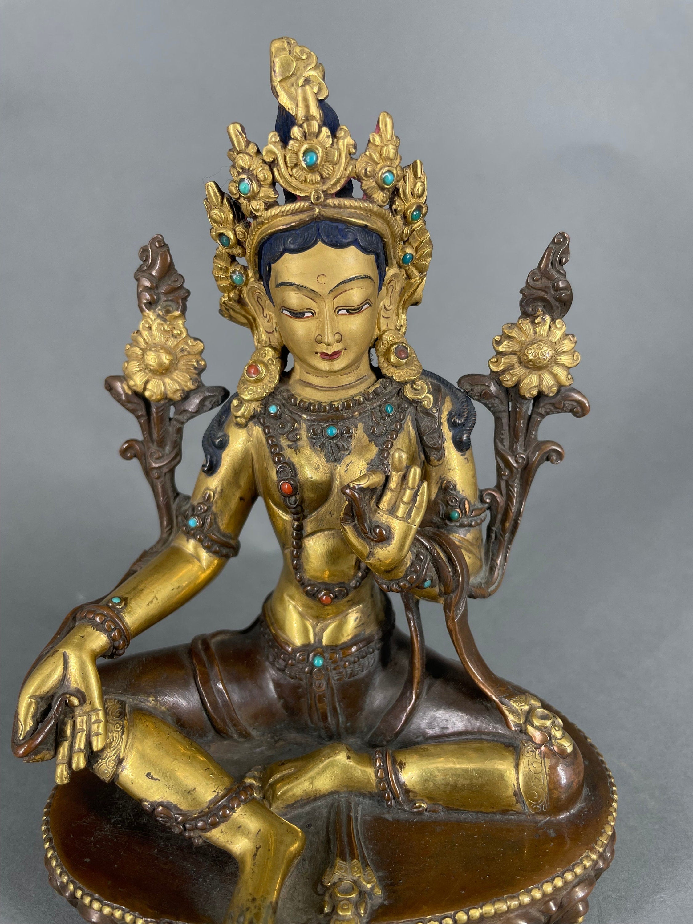 Vintage 25+ year old Green Tara Sculpture With Wooden Throne | Handmade Buddhist Female Goddess