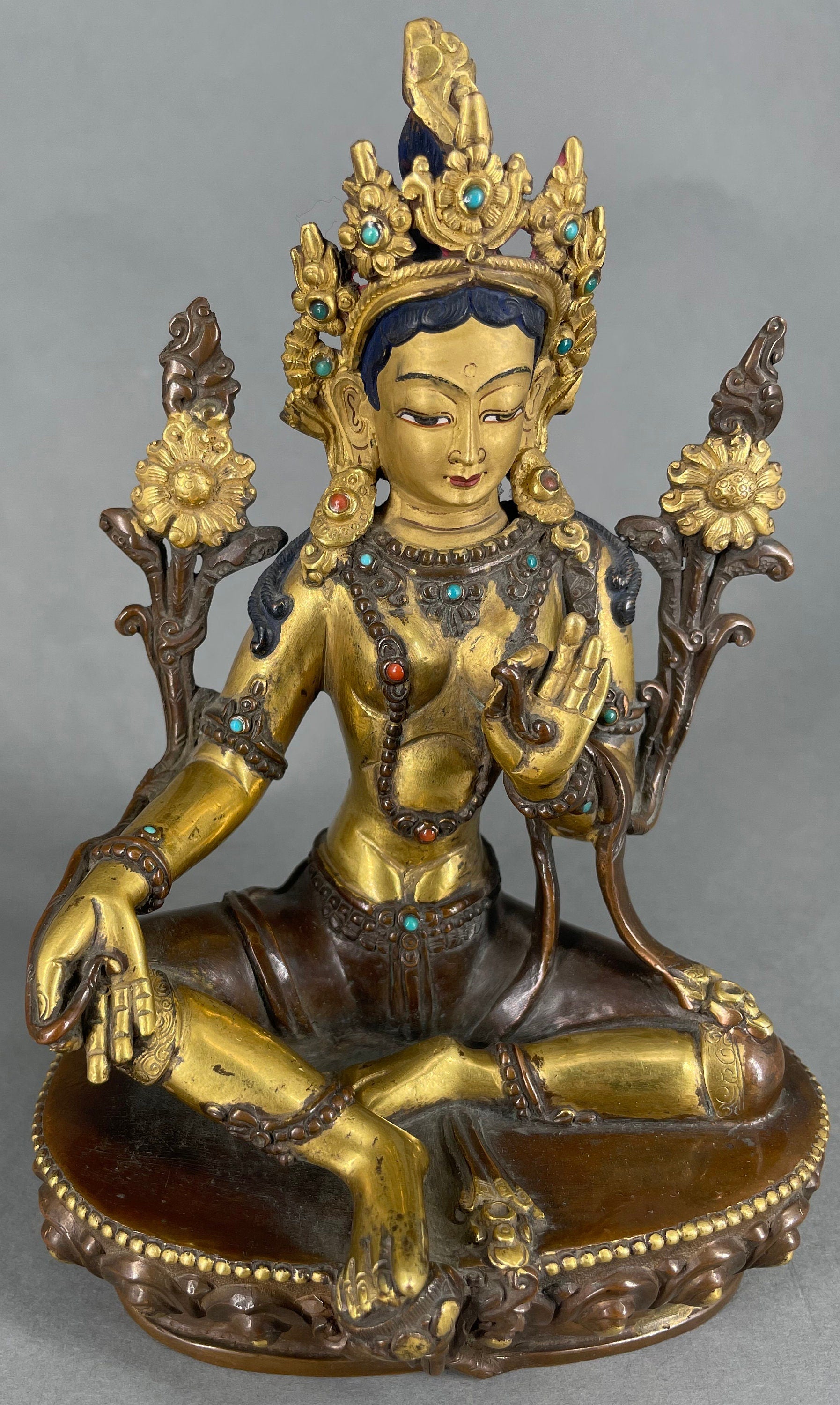 Vintage 25+ year old Green Tara Sculpture With Wooden Throne | Handmade Buddhist Female Goddess