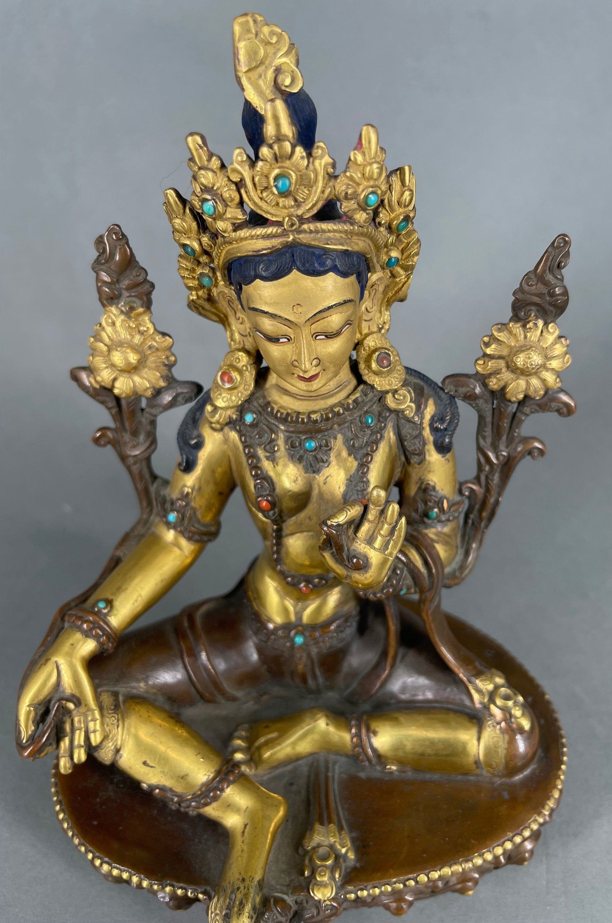 Vintage 25+ year old Green Tara Sculpture With Wooden Throne | Handmade Buddhist Female Goddess