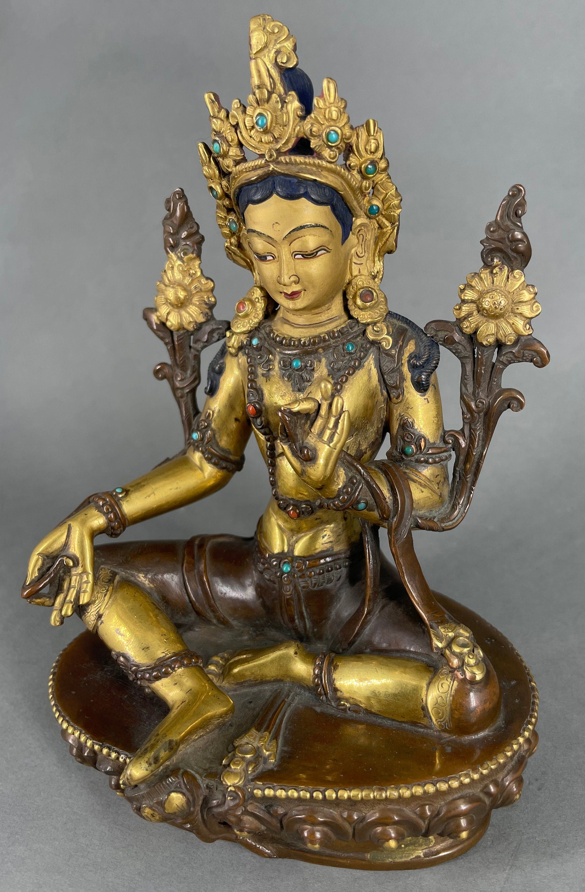 Vintage 25+ year old Green Tara Sculpture With Wooden Throne | Handmade Buddhist Female Goddess