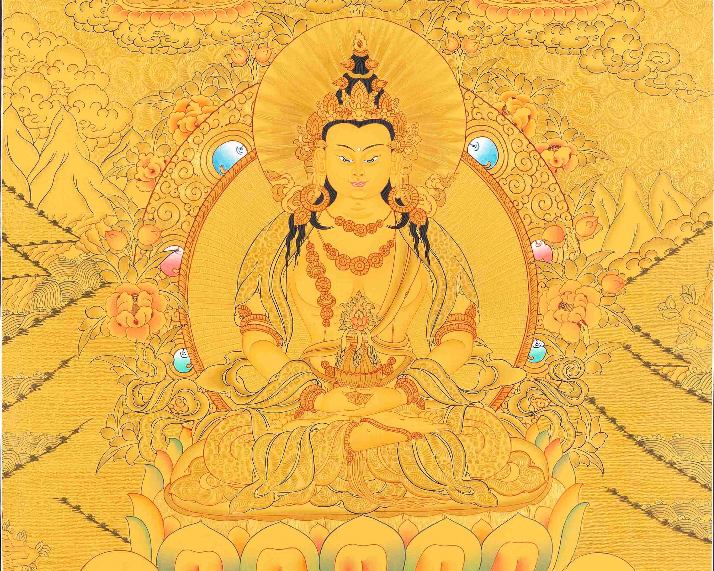 Amitayus Buddha Thangka | Original Hand Painted 24K Gold Style Tibetan Thanka |
