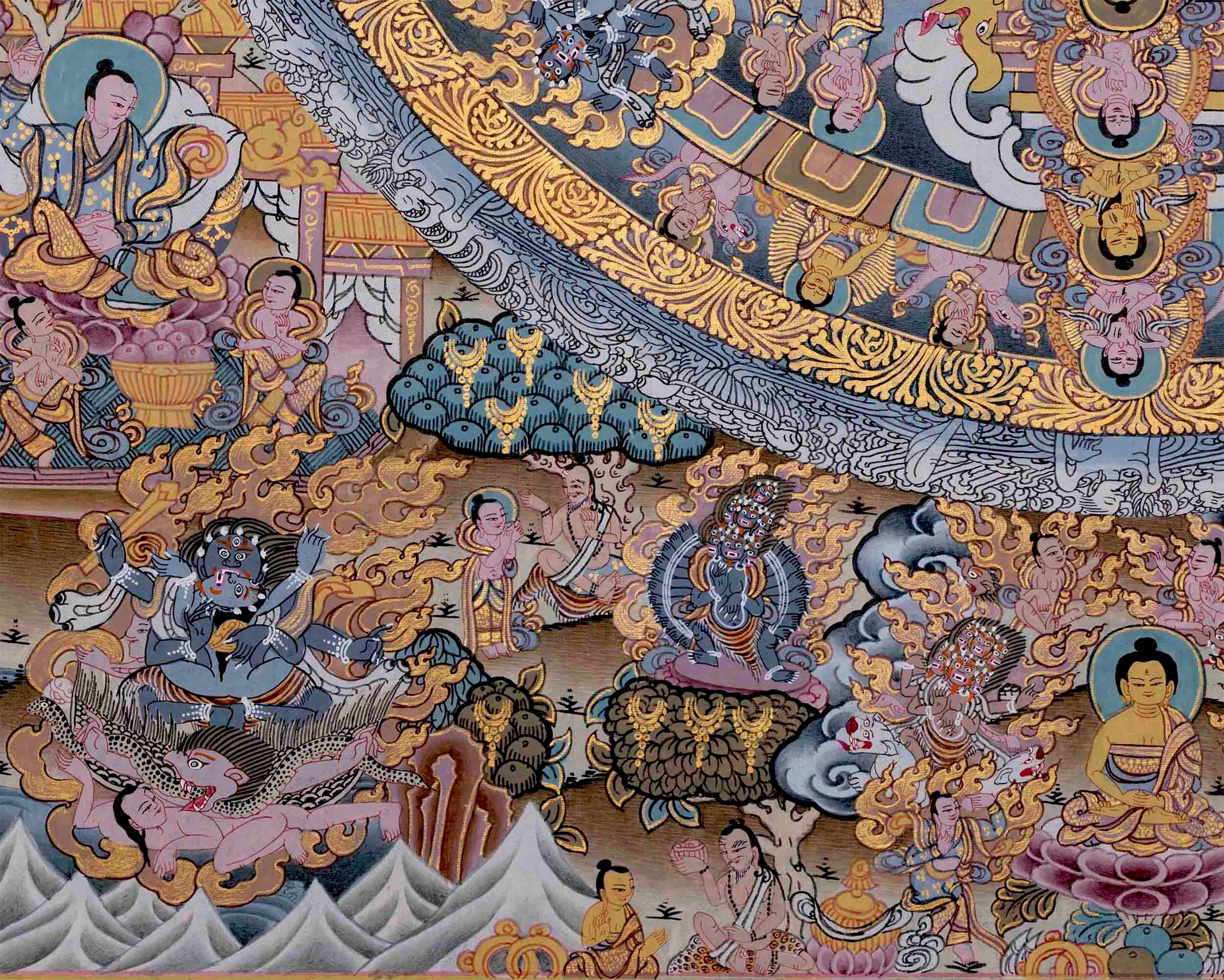 Traditional Painted Grey Colored Buddha Mandala | Mandala Thangka | Tibetan Wall Art