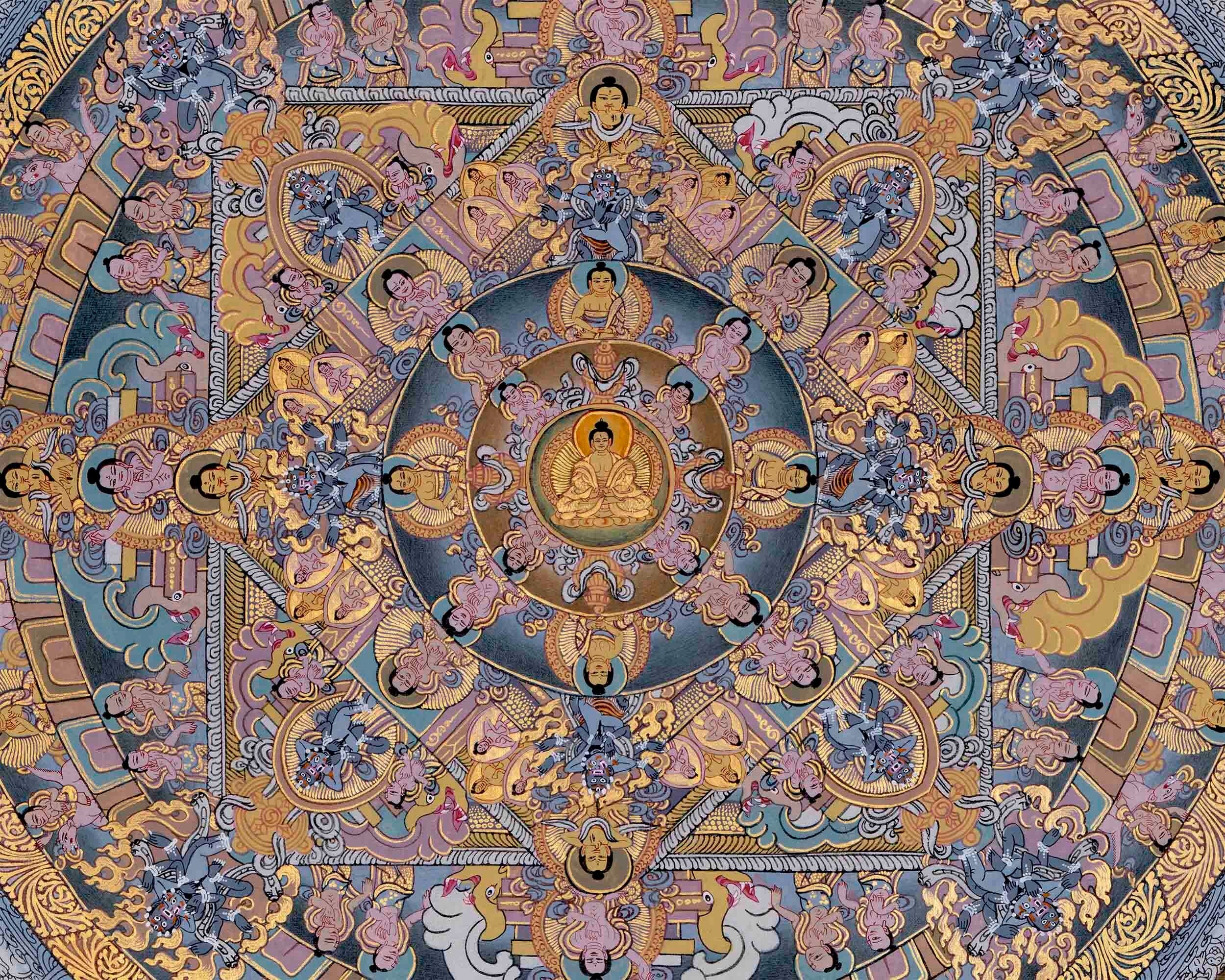 Traditional Painted Grey Colored Buddha Mandala | Mandala Thangka | Tibetan Wall Art