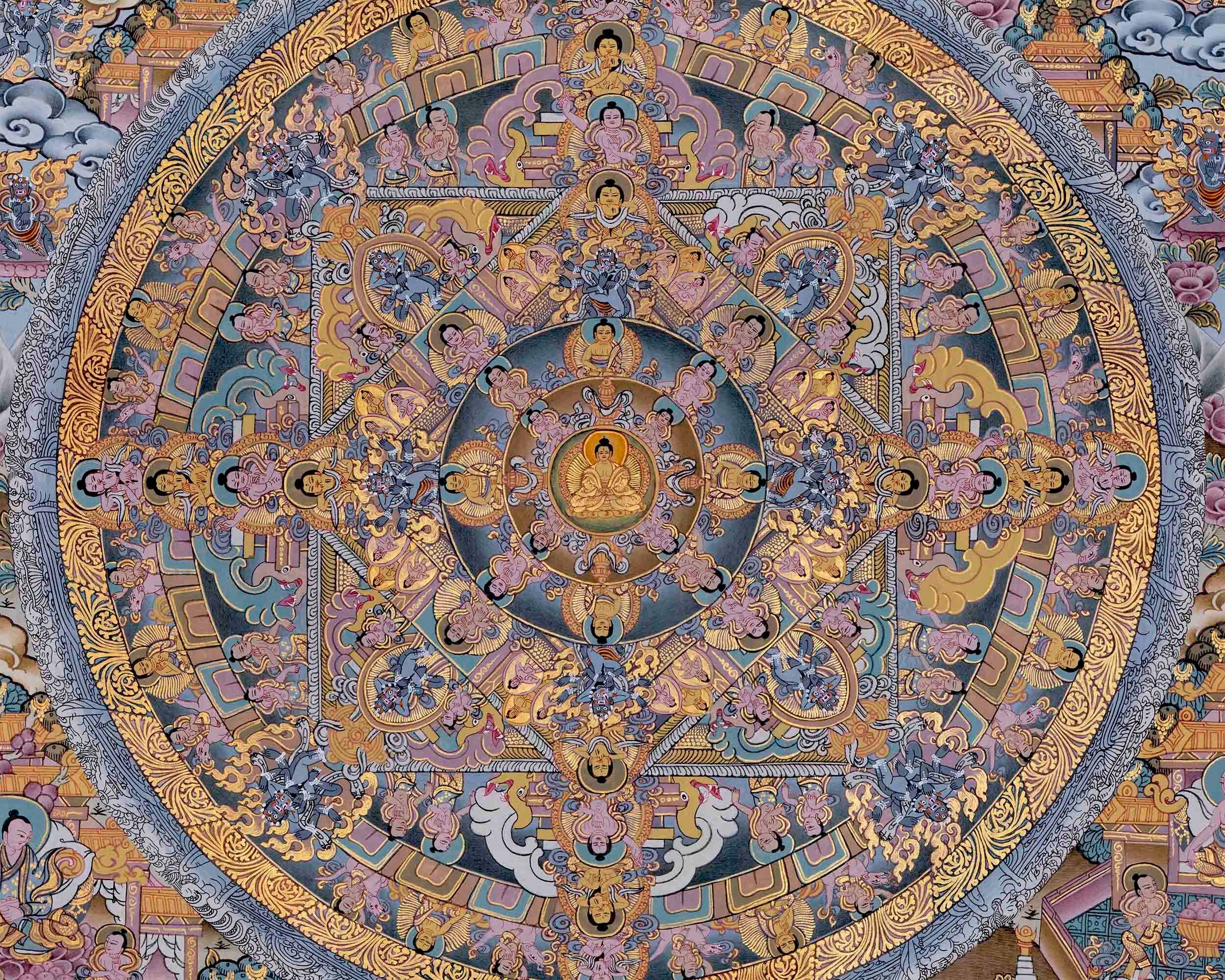 Traditional Painted Grey Colored Buddha Mandala | Mandala Thangka | Tibetan Wall Art