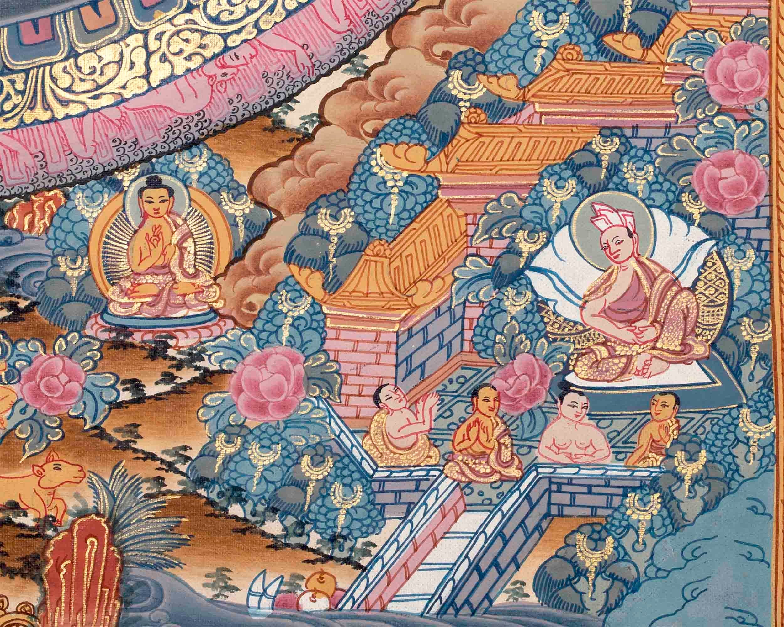 The Sacred Buddha Mandala Embraced by Deities | Handmade Sacred Thangka Painting for Meditation & Good Luck to house |