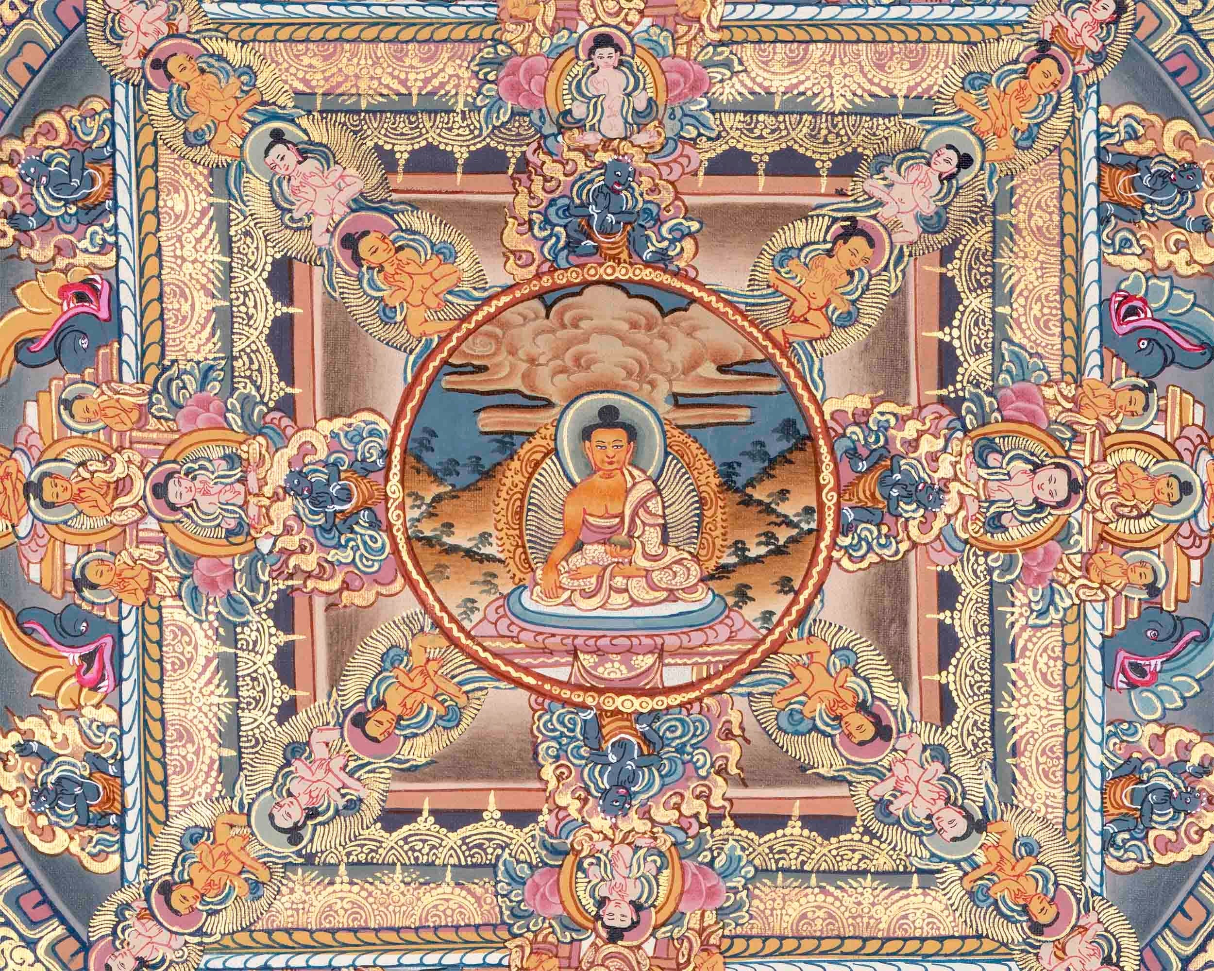 The Sacred Buddha Mandala Embraced by Deities | Handmade Sacred Thangka Painting for Meditation & Good Luck to house |