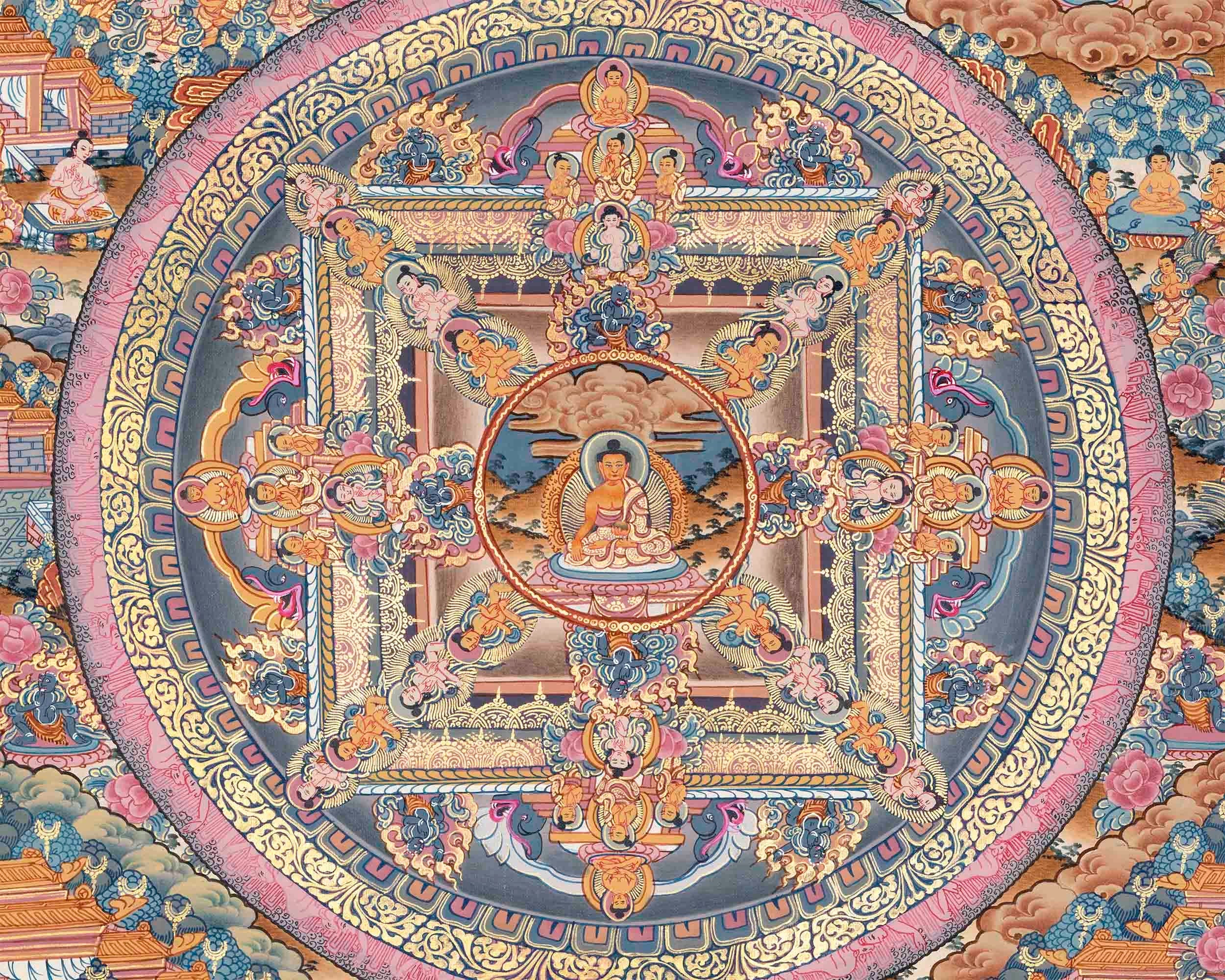 The Sacred Buddha Mandala Embraced by Deities | Handmade Sacred Thangka Painting for Meditation & Good Luck to house |