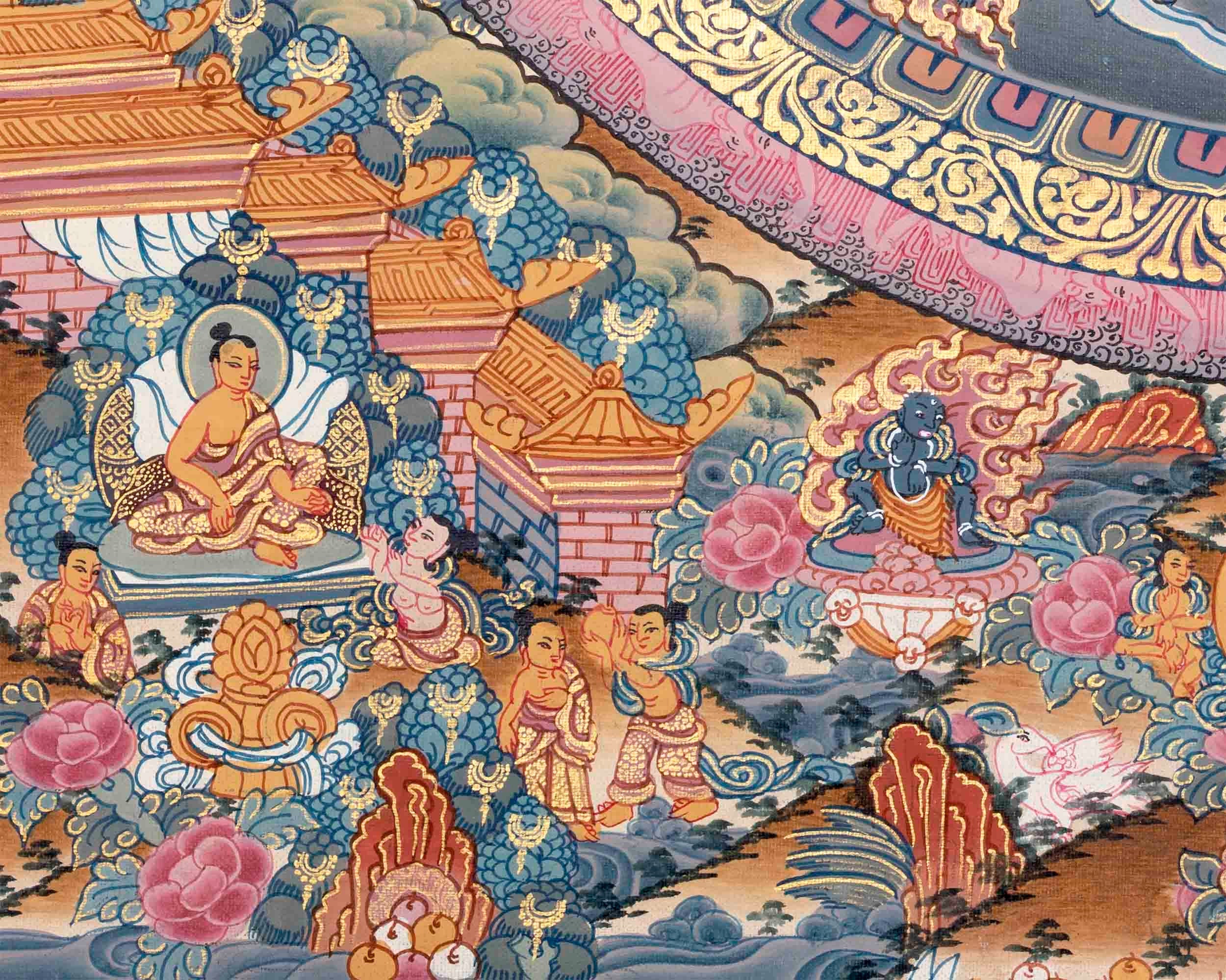 The Sacred Buddha Mandala Embraced by Deities | Handmade Sacred Thangka Painting for Meditation & Good Luck to house |