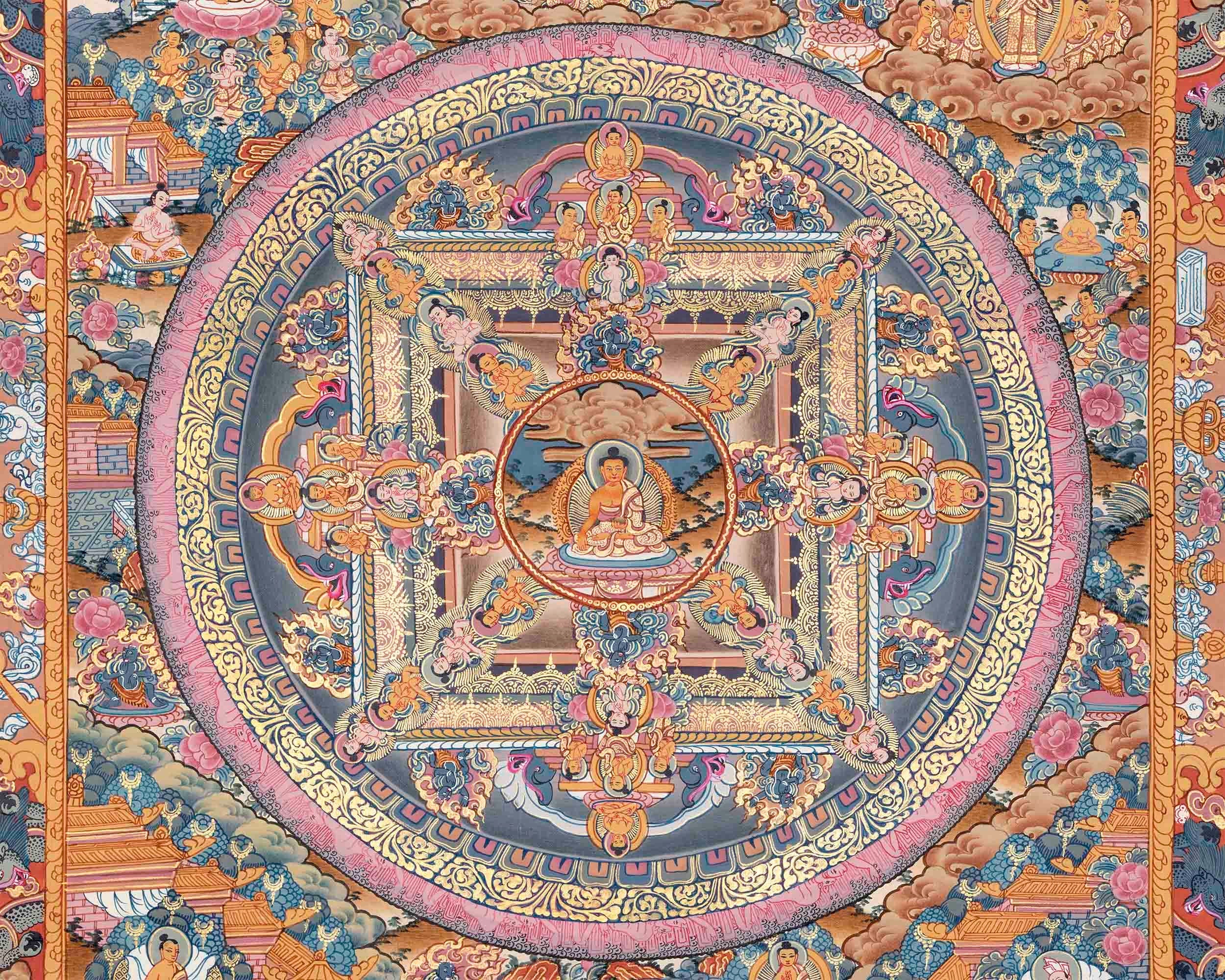The Sacred Buddha Mandala Embraced by Deities | Handmade Sacred Thangka Painting for Meditation & Good Luck to house |