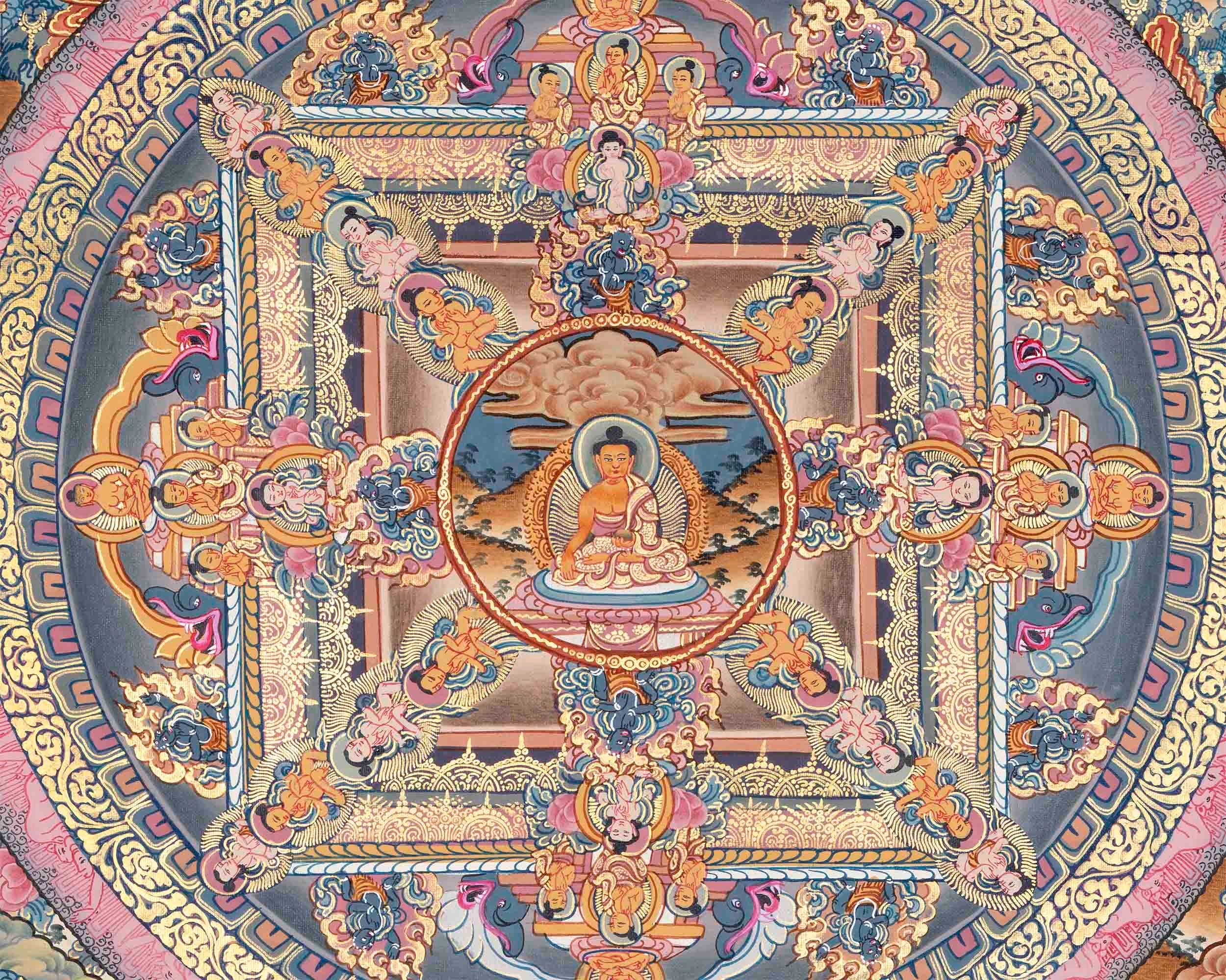 The Sacred Buddha Mandala Embraced by Deities | Handmade Sacred Thangka Painting for Meditation & Good Luck to house |