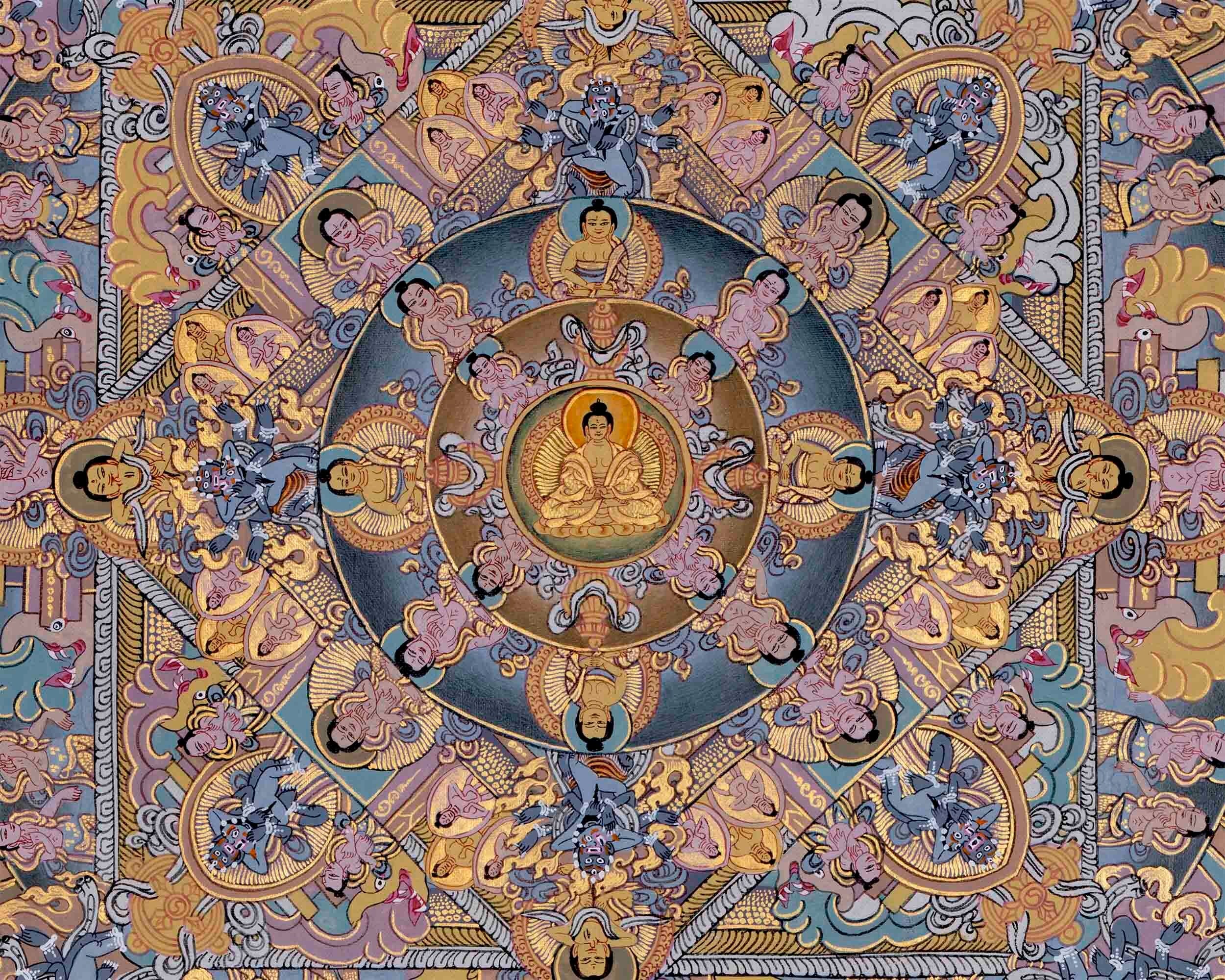 Traditional Painted Grey Colored Buddha Mandala | Mandala Thangka | Tibetan Wall Art