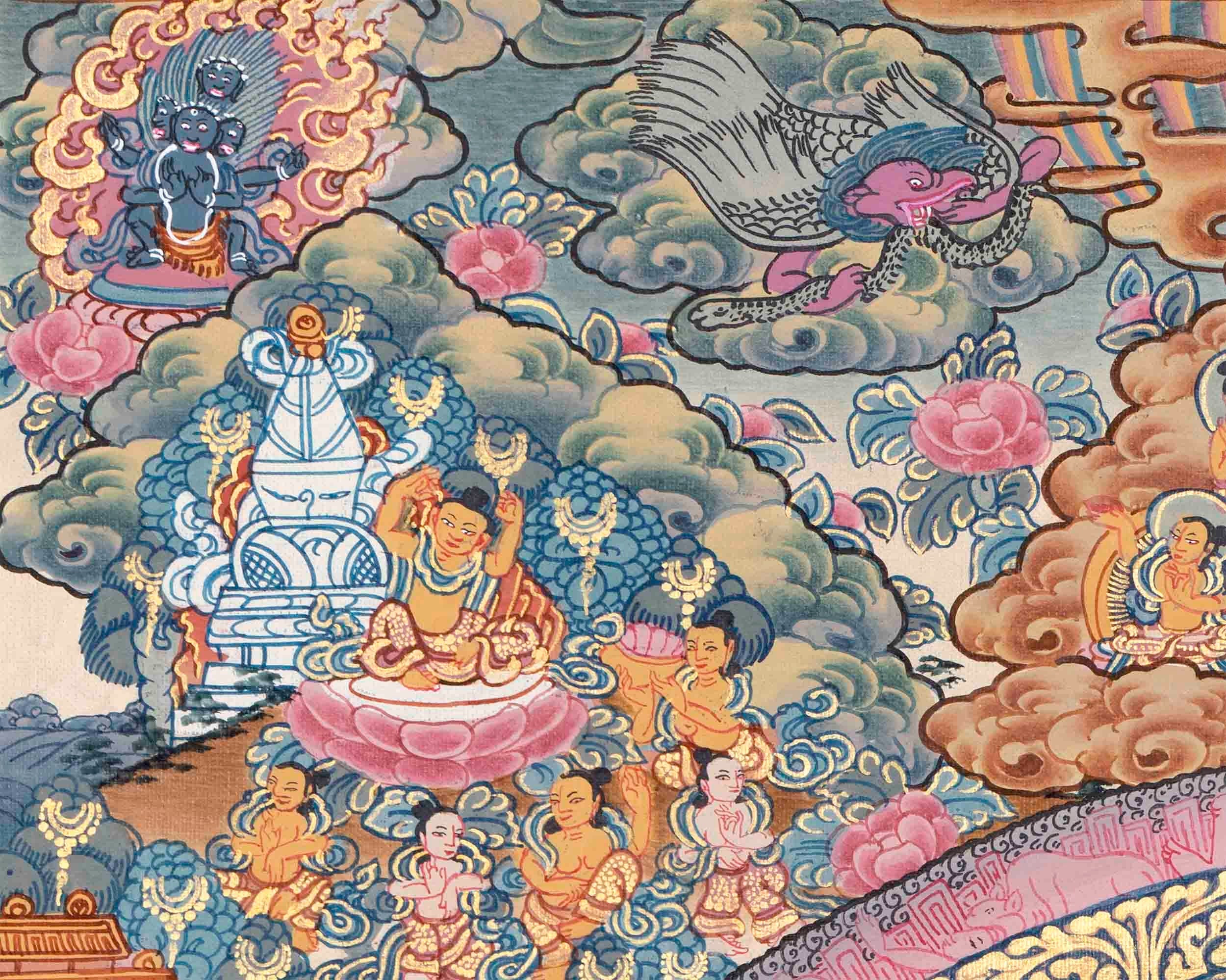 The Sacred Buddha Mandala Embraced by Deities | Handmade Sacred Thangka Painting for Meditation & Good Luck to house |
