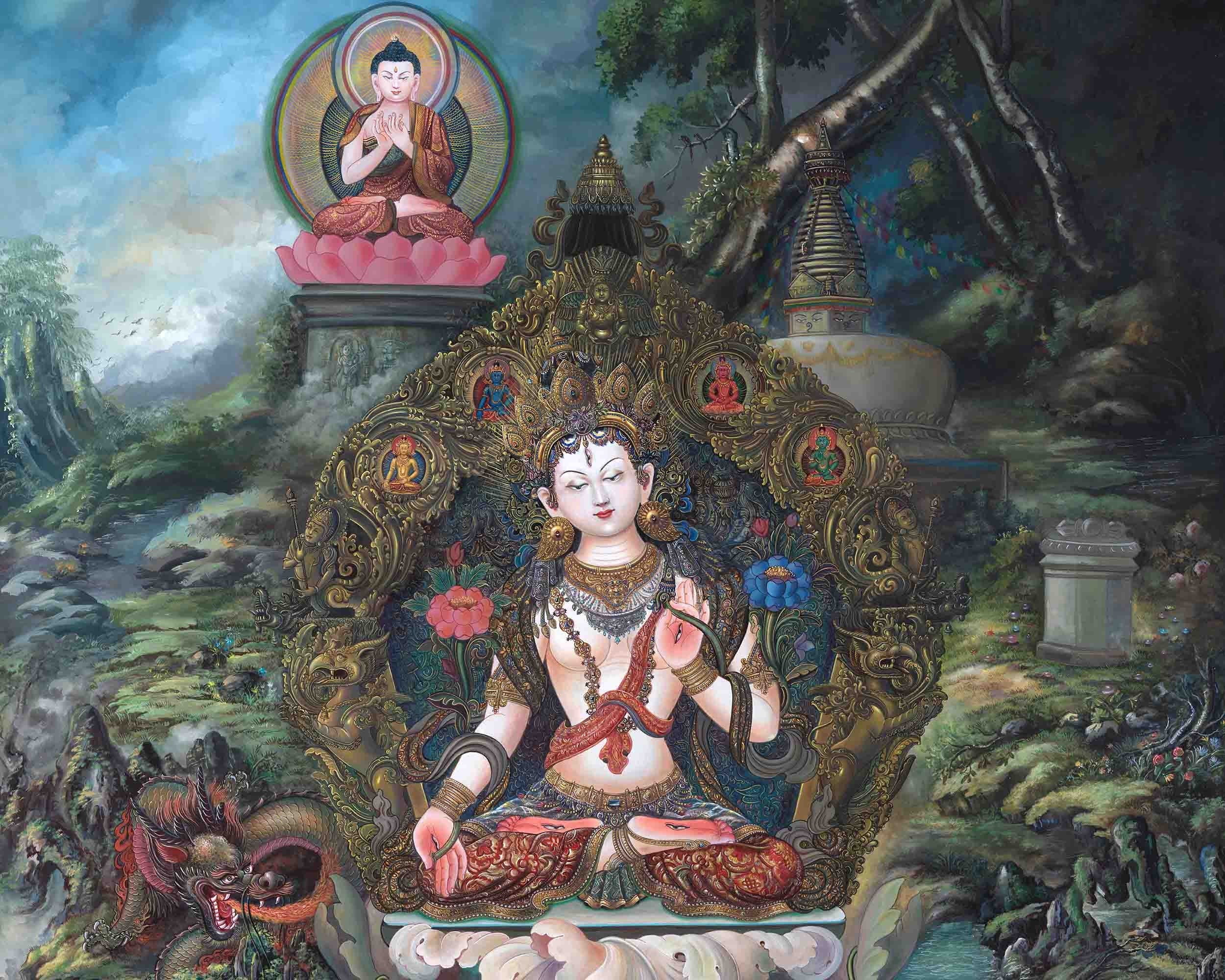 Original Hand Painted White Tara Thangka Art | Tibetan Buddhist Religious Painting